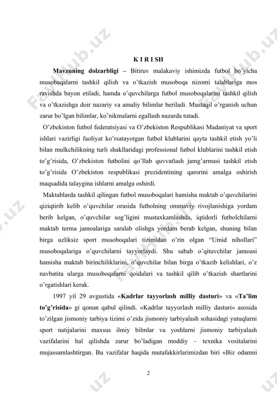 kelgan, shuning bilan birga uzliksiz sport musoboqalari tizimidan o’rin olgan “umid nihollari” musoboqalariga o’quvchilarni tayyorlaydi. shu sabab o’qituvchilar jamoasi hamisha maktab birinchiliklarini, o’quvchilar bilan birga o’tkazib kelishlari, o’z navbatita ularga musoboqalarni qoidalari va tashkil qilib o’tkazish shartlarini o’rgatishlari kerak. 1997 yil 29 avgustida «kadrlar tayyorlash milliy dasturi» va «ta’lim to’g’risida» gi qonun qabul qilindi. «kadrlar tayyorlash milliy dasturi» asosida to’zilgan jismoniy tarbiya tizimi o’zida jismoniy tarbiyalash sohasidagi yutuqlarni sport natijalarini maxsus ilmiy bilmlar va yoshlarni jismoniy tarbiyalash vazifalarini hal qilishda zarur bo’ladigan moddiy – texnika vositalarini mujassamlashtirgan. bu vazifalar haqida mutafakkirlarimizdan biri «biz odamni har tamonlama kamol toptirish uchun uning yaxshi yugura olishi, tez va chiroyli yura olishi, uning barcha a’zolari sog’lom bo’lishi, mehnatga va mudofaaga tayyor turishi bilan birga aqliy sifatlari ham o’sib borishini tarbiyalashimiz lozim» degan. shu nuqtai nazardan qaraganimizda jismoniy tarbiyani insonning bolaligidan boshlashimiz zarur. buning uchun avalo, bolalarning o’zini sportga qiziqtirish, ular o’rtasida turli xil o’yinlarni …