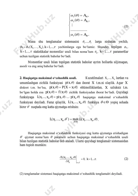mal o‘xshashlik funksiyasi deyiladi. faraz qilaylik, 1( ,..., , )nl x x  funksiya  yopiq sohada biror * nuqtada eng katta qiymatga erishsin: * 1 1( ,..., , ) max ( ,..., , )n nl x x l x x      . haqiqatga maksimal o‘xshashlik funksiyasi eng katta qiymatga erishadigan * qiymat noma’lum  parametr uchun haqiqatga maksimal o‘xshashlik usuli bilan tuzilgan statistik baholar deb ataladi. ularni quyidagi tenglamalr sistemasidan ham topish mumkin: * 1( ,..., , ) 0, 1,... .n k l x x k r          (2) (2) tenglamalar sistemasi haqiqatga maksimal o‘xshashlik tenglamalri deyiladi. ko‘p ollarda (2) tenglamalar sistemasi o‘rniga quyidagi tenglamar sistemasini yechish qulay bo‘ladi: * 1ln ( ,..., , ) 0, 1,... .n k l x x k r          (3) misol. matematik kutilmasi …