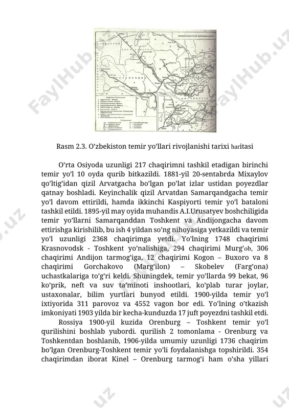 о’l tarmog’i 1906-yilda 2090 chaqirimdan iborat bо’lganligi haqida ma’lumotlar bor. toshkent – orenburg yо’nalishi ikkinchi yirik temir yо’l tarmog’i bо’lib, u о’rta osiyoni rossiyaning markaziy sanoat hududlari bilan bog’lagan. keyinchalik ichki yо’nalishlarni qurishga kirishilgan. farg’ona temir yо’li, kogon-termiz, qarshi-kitob uchastkasi shular jumlasidandir. 1908-yilga kelib, temir yо’l qurilishida xususiy tadbirkorlar va turli xil aksionerlik jamiyatlari ham faol qatnasha boshladilar. о’zbekistonda temir yо’llarning rivojlanishi, hozirgi holati va istiqbollari chor rossiyasi va sovetlar davrida о’tgan qariyb 130 yil davomida о’lkamiz boyliklari uzluksiz tashib ketilgan. «shu davr ichida xalqimiz boshiga ne-ne kulfatlar, baloyu-ofatlar yog’ilmadi» deyiladi yurtboshimiz i.a.karimovning «tarixiy xotirasiz kelajak yо’q» asarida. temir yо’l transporti endilikda mamlakatimiz iqtisodiyoti uchun faoliyat kо’rsatmoqda. о’z navbatida, davlatimiz va hukumatimiz ham bu tarmoqqa katta e’tibor qaratmoqda. sanoqli yillar ichida bir necha kilometrlarda yangi yо’llar qurilib, qudratli korxonalar bunyod etildi. rasm 2.4 toshkent vokzalining dastlabki kо’rinishi rasm 2.5. toshkent vokzalining hozirgi kо’rinishi mustaqillikka erishganimizdan keyin respublikamizda katta о’zgarishlar bо’lib …