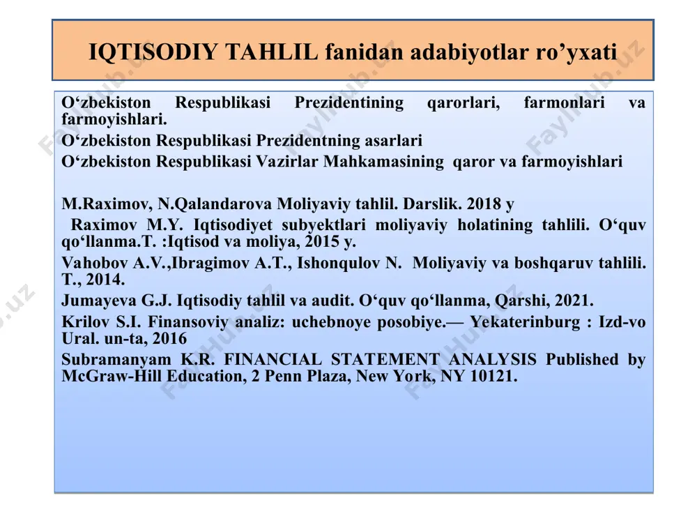 tlar mahsuloti va xizmatiga bo‘lgan talabga ta’sir etuvchi omillarning tahlili. korxona tovar va baho siyosatining tahlili. raqobat darajasi ko‘rsatkichlari va ularni aniqlovchi omillar. korxona mahsulotining raqobatbardoshligi tahlili. marketing tizimida iqtisodiy tahlilning maqsadi, vazifasi va uning axborot manbalari. kо‘rsatkichlar ta’rifi tasnifi marketing tizimida tahlilning maqsadi turli mulkchilik shaklidagi xо‘jalik yurituvchi subyektlarning bozorda ularning mahsulot, ish va xizmatlariga bo‘lgan talab va taklifni o‘rganish, unga ta’sir etuvchi omillarni aniqlashdan iborat. iqtisodiy о‘zgarishlarni ochib berish erishilgan natijalarga tо‘g‘ri baho berish ishlab chiqarish samaradorligini oshirish imkoniyatlarini aniqlash reja va boshqaruv qarorlarini asoslash tahlilning axborot manbalari korxona rejalari va ularning bajarilishi; mahsulot sotish to‘g‘risida ma’lumot; korxona foydasi va zararlari; xarodorlar bilan hisob-kitoblar; xaridorlar buyurtmasi va tovarlar zahirasi; natijalarni solishtirish uchun me’yorlar talab va taklif egri chizig‘i mahsulot ishlab chiqarish va sotish resurslardan foydalanish ishlab chiqarish xarajatlari va mahsulot tannarxi moliyaviy natijalar va moliyaviy holat marketing tahlili ob’yektlari. marketing tahlili usullari. xo‘jalik yurituvchi sub’yektlar mahsuloti hamda xizmatiga …