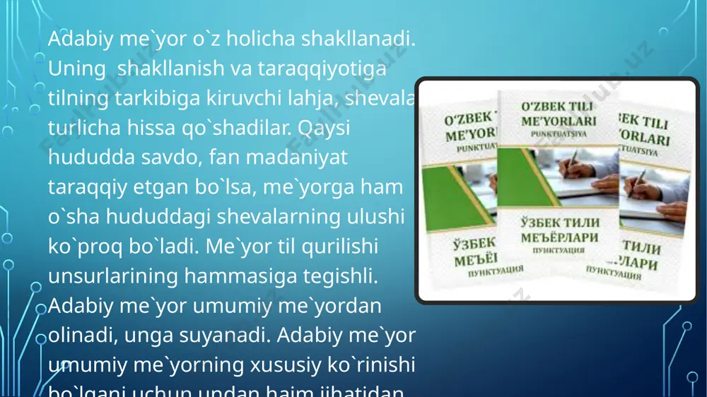 onasida ko`rdim. (boshqa birovni direktor xonasida ko`rmoq). so`z yasalish me`yorlari: so`z yasovchi qo`shimchalarning fonetik tuzilishi jihatidan bir qolipda ishlatilishi so`z yasalish me`yori hisoblanadi. ba`zan nuqtda sifat yasovchi li va ot yasovchi lik qo`shimchalari farqlanmay ishlatiladi. paxtali chopon o`rnida paxtalik chopon. imloviy me`yorlar (orfografik). hozirgi o`zbek adabiy tilining me`yorlari 1956-yil o`zbek orfografiyasining asosiy qoidalari ga tayanadi. 72 paragrafdan iborat. 1995-yil yangi lotin alifbosiga o`tish haqida qaror qabul qilindi. lotin alifbosiga asoslangan yozuvda ham yangi orfografik qoidalar yaratildi. bo`gin ko`chirish qoidalariga o`zgartirishlar kiritildi. demak, imloviy me`yor so`zlarning to`gri, xatosiz yozilishiga asoslanadi. grafik (yozuv) me`yorlari: hozirgi yozuvimiz lotin alifbosiga asoslangan bo`lib, 29 ta harf va 3 ta harf birikmasidan iborat. punktuatsion me`yorlar: bu me`yor 10 ta tinish belgisi asosida ish yuritadi (nuqta, vergul, ikki nuqta, nuqtali vergul, tire, undov belgisi, so`roq belgisi, ko`p nuqta, qo`shtirnoq, qavs) uslubiy me`yor: nutq sharoitiga qarab til birliklarining eng ma`qulini qollash adabiy tilning uslubiy me`yori hisoblanadi. sinonimlardan noto`gri …