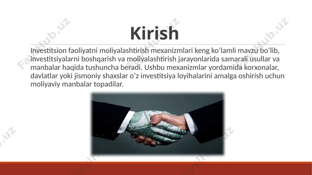 liyaviy vosita yaratadi. obligatsiyalar orqali korxonalar uzoq muddatli mablag‘ jalb qilish imkoniyatiga ega bo‘ladilar. aktsiyalar chiqarish aktsiyalar chiqarish: korxona qo‘shimcha mablag‘ jalb qilish maqsadida aktsiyalar chiqaradi va sotadi. bu aktsiyalar bozorida investorlardan mablag‘ yig‘ish imkoniyatini beradi. davlat subsidiyalari va grantlar davlat subsidiyalari va grantlar: davlat tomonidan ajratilgan mablag‘lar yoki grantlar korxonalarni moliyaviy qo‘llab-quvvatlash uchun mo‘ljallangan. odatda, ijtimoiy ahamiyatga ega loyihalarga beriladi. xalqaro moliyaviy manbalar global miqyosda moliyaviy manbalar ham investitsiyalarni qo‘llab-quvvatlaydi: xalqaro kreditlar va qarzlar: xalqaro banklar yoki moliyaviy tashkilotlar, masalan, jahon banki yoki xalqaro valyuta jamg‘armasi orqali olingan kreditlar xalqaro loyihalar uchun ishlatilishi mumkin. chet el investitsiyalari chet el investitsiyalari (fdi): bu to‘g‘ridan-to‘g‘ri chet el investorlari tomonidan o‘z davlatidan tashqarida amalga oshiriladigan investitsiyalar. chet el investorlarining korxonaga qo‘shgan sarmoyalari esa korxona uchun yangi mablag‘ manbai hisoblanadi. savdo kreditlari savdo kreditlari: xorijiy kompaniyalar o‘z hamkorlariga mahsulot yoki xizmatlarni sotgandan keyin to‘lashga ruxsat beradi. bu qisqa muddatli moliyalashtirish usuli bo‘lib, xalqaro …