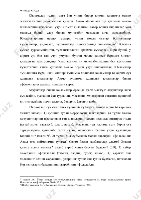 и: а) ҳар иккала гап ҳам бир субъектнинг номаълум булган ҳолатини аниқлашга қаратилади: юрар булсанг, сенга майдон йулмиди, //ғанимнинг шавкати сенга элмиди, // сенга тегадиган барчин гулмиди, //қунгирот элдан минган отинг шулмиди? (алп.112). б) ҳар иккала гапда белгиланган ҳаракат-ҳолатнинг объектини аниқлаш мулжалланади: кетган одам излаб бунда келами, // келган одам сендан камроқ булами, // ўзи улмай, киши ёрин берами, // ҳеч бир элда сендай тентак юрами, // лоф уриб узини бозор солами, // лоф билан қулидан бир гап келами? (алп.125). 2) уюшиқ булакли гапларда уюшувчиларнинг ҳар бирига қушилиб, ноаниқлик, номаълумлик маъносини ифодалайди: ў, равшанбек сенинг элинг йуқмиди, овларга кулинг йуқмиди, утирсанг-қунсанг манзилинг йуқмиди, уйнасанг, юрсанг тенгу хилинг йуқмиди? (рав.27). қулми, қутонми, подачими, чупонми, сомонхонадами, тезакхонадами айтишабий-да (алп.373). хуллас, -ми юкламаси турли суз туркумларига қушилиб, нутқ жараёнида қуйидаги маъноларни ифодалайди: 1) соф суроқ маъноси: тилларинг йуқми? кузинг уёқда булса, огзинг ҳам бандми? (рав.27). бир богчада олмамиди, нормиди, // мендан узга сенинг …
