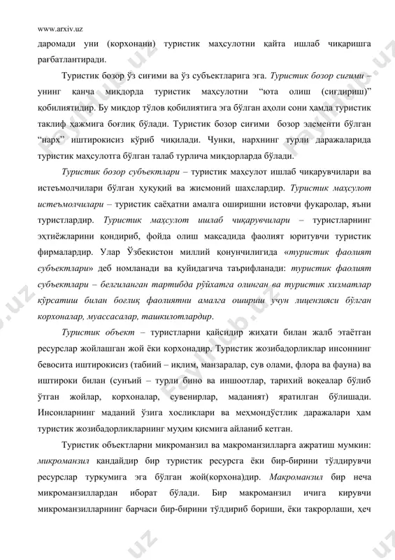 р туркумига эга бўлган жой(корхона)дир. макроманзил бир неча микроманзиллардан иборат бўлади. бир макроманзил ичига кирувчи микроманзилларнинг барчаси бир-бирини тўлдириб бориши, ёки такрорлаши, ҳеч бўлмаса, бирор бир умумий мазмунга эга бўлиши лозим бўлади. акс ҳолда, бирор макроманзил ичида бир-бири билан умуман боғланмаган икки турдаги микроманзиллар бўлишса, бу макроманзилни икки алоҳида макроманзилларга ажратиш мумкин бўлади. бу ерда шуни таъкидлаб ўтиш зарурки, бир нуқтаи назардан қаралганда макроманзил деб саналган манзилнинг ўзи бошқа назар билан қаралганда микроманзил даражасига эга бўлиб қолиши мумкин. масалан, самарқанд вилояти «ўзбекистон республикаси» деб номланган макроманзилнинг бир қисми бўлиши билан биргаликда «регистон мажмуи» деб номланувчи микроманзил билан солиштирганда макродаражага эга бўлади. ўз навбатида, «самарқанд вилояти» деб номланувчи микроманзилга эга бўлган ўзбекистон республикаси марказий осиё ёки осиё минтақалари учун микродаражага эга бўлади. осиёнинг ўзи дунё макроманзилининг таркибий қисмидир. (муаллифлар томонидан туристик манзилларга мезо- даража бериш мақсадга мувофиқ эмас деб топилди, мутахассисларнинг бу тўғрида билдирилиши мумкин бўлган барча фикрлари муаллиф томонидан миннатдорчилик …