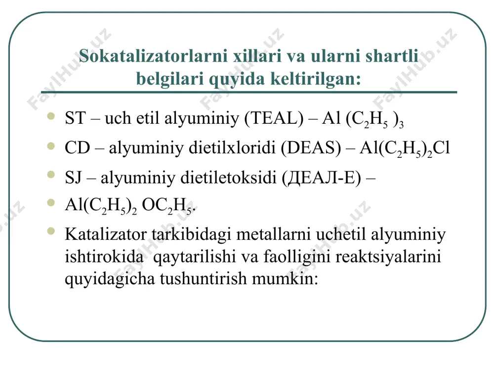 + v ¤ v 3 + vocl 3 + al(c 2 h 5 ) 3 vocl 2 + al(c 2 h 5 ) 2 cl + c 2 h 5 vocl 2 + al(c 2 h 5 ) 3 vocl + al(c 2 h 5 ) 2 cl + c 2 h 5 ticl 3 + al(c 2 h 5 ) 3 ticl 2 c 2 h 5 + al(c 2 h 5 ) 2 cl vocl 3 + al(c 2 h 5 ) 3 vocl 2 c 2 h 5 + al(c 2 h 5 ) 2 cl ti âà v íè àëêèëëàø ðåàêöèÿñè: m r c l c l c l c l + c 2 h 4 m r c l c l c l c l c h 2 c h 2 m r c l c l c l c l c h 2 c …