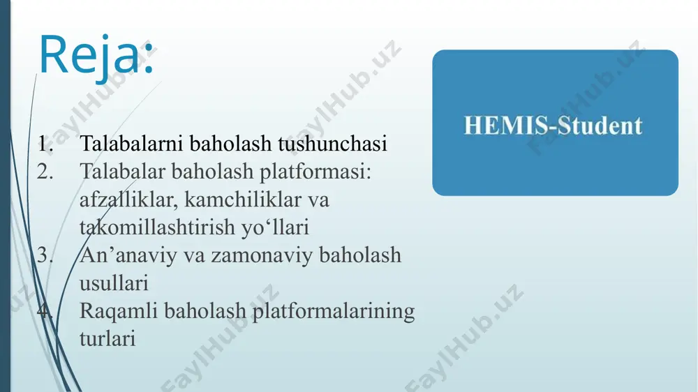 ). talabalar baholash platformasining kamchiliklari texnik muammolar internet yoki platforma ishlamay qolsa, baholash to‘xtab qoladi. talabalarning texnik tayyorgarligi barcha talabalar platformadan to‘g‘ri foydalana olmasligi mumkin. o‘qituvchining raqamli savodxonligi platformani to‘liq ishlata olmaslik baholash sifatiga ta’sir qiladi. subyektiv baho xavfi ayrim topshiriqlar (esselar)da avtomatik baholash sifati past bo‘lishi mumkin. akademik halollik muammosi onlayn testlar vaqtida talaba boshqa manbalardan foydalanishi mumkin. platformalarning turlari 1.akademik platformalar o‘quv jarayonining barcha bosqichlarini qamrab oladi. masalan: moodle, hemis 2. interaktiv platformalar .talabalarni jalb qilish uchun o‘yin elementlari bilan boyitilgan: kahoot! quizizz 3.oddiy test platformalari : saddalashtirilgan vositalar: google forms 4.masofaviy proktorlik platformalari masofaviy imtihonlarni nazorat qilish uchun ishlatiladi: proctoru, examity. e’tiboringiz uchun rahmat! image1.jpg image2.jpg image3.jpg image4.jpg image5.jpg image6.jpg image7.jpg image8.jpg image9.jpg image10.jpg /docprops/thumbnail.jpeg