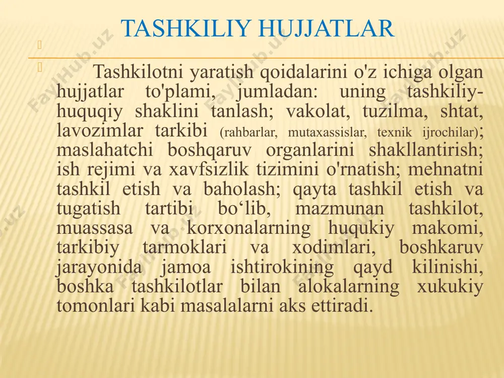 i. tashkilotda aniq hujjatlarni ishlab chiqishda eng malakali mutaxassislar va tarkibiy bo'linmalarning rahbarlari jalb qilinadi.. tashkiliy hujjatlar tashkilot tomonidan tasdiqlash va amaldagi qonunchilikka muvofiqligini tekshirish uchun belgilangan tartibda amalga oshiriladi. tashkiliy hujjatlar bekor qilinmaguncha yoki yangisi bilan almashtirilgunga qadar amal qiladi. tashkiliy hujjatlarning o'ziga xos xususiyati shundaki, ularni butun hujjatni qayta ishlashga hojat bo'lmaganda o'zgartirish va qo'shimchalar kiritilishi mumkin. amaldagi qonunchilikka ko‘ra o'zgartirish va qo'shimchalarning kiritilishi ham tashkilot faoliyati shartlarining o'zgarishi, hamda rivojlanishlar bilan bog'liq tartibda izga solinadi. tashkilot qayta tashkil etilgan taqdirda, yangi tashkiliy hujjatlar ishlab chiqiladi, ular belgilangan tartibda muvofiqlashtiriladi va tasdiqlanadi. o'zgartirish va qo'shimchalar kiritish va ularni qayta ko'rib chiqish tartibi tashkiliy hujjat turi bilan belgilanadi. masalan, tashkilot rahbari tomonidan tasdiqlanadigan tashkiliy hujjatga - tarkibiy bo'linma to'g'risidagi nizomga o'zgartirish va qo'shimchalar ushbu rahbarning buyrug'i bilan amalga oshiriladi. agar tashkiliy hujjat, masalan, nizom, yuqori turuvchi tashkilot yoki tashkilotning yuqori boshqaruv organining qarori (aktsiyadorlar yoki ishtirokchilarning umumiy yig'ilishi va …
