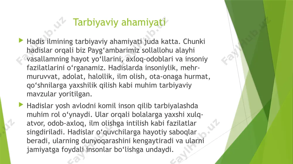aqirgan. u adolatli bo‘lish, haqiqatni gapirish va adolatsizlikdan qochish muhimligini ta’kidlagan. • rahmdillik: imom buxoriy rahm shafqat qilishga chaqirgan imom al-buxoriyning "al-jome' as-sahih" kitobidan hadis abu hurayra roziyallohu anhudan rivoyat qilinadi: "rasululloh sollallohu alayhi vasallam hasan ibn alini o'pdilar. huzurlarida aqro' ibn habis tamimiy o'tirar edi. aqro': "mening o'nta farzandim bor, ulardan birortasini ham o'pmaganman", dedi. shunda rasululloh sollallohu alayhi vasallam unga qarab: "kim rahm qilmasa, rahm qilinmaydi", dedilar". izoh: ushbu hadisda payg'ambarimiz sollallohu alayhi vasallamning nabiralari hasan ibn alini o'pganlari va bunga aqro' ibn habis tamimiyning hayrat bilan qaragani hikoya qilinadi. aqro' o'zining o'nta farzandi bo'lishiga qaramay, ularni hech qachon o'pmaganini aytganida, rasululloh sollallohu alayhi vasallam unga rahm qilmagan odamga rahm qilinmasligini uqtiradilar. bu hadis kichiklarga, farzandlarga mehr-muhabbat ko'rsatish, ularga rahm qilish islom dinida qanchalik muhim ekanligini ko'rsatadi. mehr-muhabbat va rahm-shafqatga to'la tarbiya olgan bola kelajakda o'zi ham mehrli va rahm-shafqatli inson bo'lib yetishadi. umid qilamizki, ushbu taqdimot sizlar …