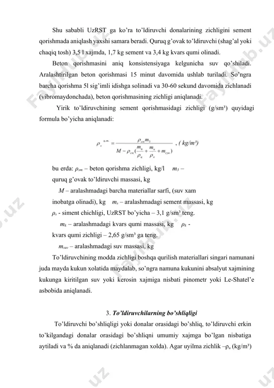 qorishmasi bilan to’lgan xolatdagi bo’shliqligini aniqlaydigan bo’lsak, u xolda (4) formuladagi donalar zichligi – ρ3 o’rniga to’ldiruvchi donalarining sement qorishmasidagi zichligi – ρzs.t olinadi (3) formula. bo’shliqlik – bu to’ldiruvchilarning muhim xarakteristikasi xisoblanadi. zich konstruksion betonda barcha bo’shliqlar sement qorishmasi bilan to’lishi kerak. shu sababli bo’shliqlik qancha kam bo’lsa, betonda sement sarfi xam shuncha kam bo’ladi. yirik g’ovakli betonda esa aksincha, yani to’ldiruvchilarning bo’shliqligi katta bo’lishi kerak. to’ldiruvchi bo’shliqligi, donalar shakli va donadorlik (granulometrik) tarkibiga bog’liqdir. 4. to’ldiruvchilarning dona g’ovakligi g’ovaklik - to’ldiruvchi donasidagi barcha g’ovaklarning xajmlari yig’indisini dona xajmiga nisbatiga aytiladi. ko’pincha xar bir donaning aloxida g’ovakligi emas, balki olingan namunadagi donalarning o’rtacha g’ovakligi aniqlanadi. agar donalar zichligi – ρ3 va to’ldiruvchi modda zichligi – ρ malum bo’lsa, u xolda g’ovaklik quyidagi formula bo’yicha aniqlanadi: p3 vгов = (1- )·100%, ρ agar formuladagi ρ3 o’rniga sement qorishmasidagi donalar zichligini qo’ysak, u holda barcha g’ovaklik emas, balki uning qismi aniqlanadi, …