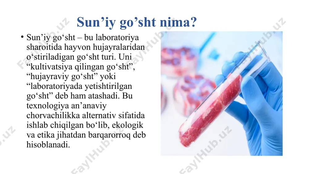 iyalar faoliyat yuritmoqda. 2020-yilda singapur sun’iy go‘shtni sotuvga chiqarishga ruxsat bergan birinchi davlat bo‘ldi. kelajakda sun’iy go’sht sun’iy go‘sht texnologiyasi rivojlanib, yaqin yillarda uning narxi pasayishi va keng iste’molchilarga yetib borishi kutilmoqda. ilmiy izlanishlar natijasida sun’iy go‘shtning lazzati, teksturasi va narxi an’anaviy go‘sht bilan tenglashishi mumkin. image1.jpeg image2.jpeg image3.jpeg image4.jpeg image5.jpeg image6.jpeg image7.jpeg /docprops/thumbnail.jpeg