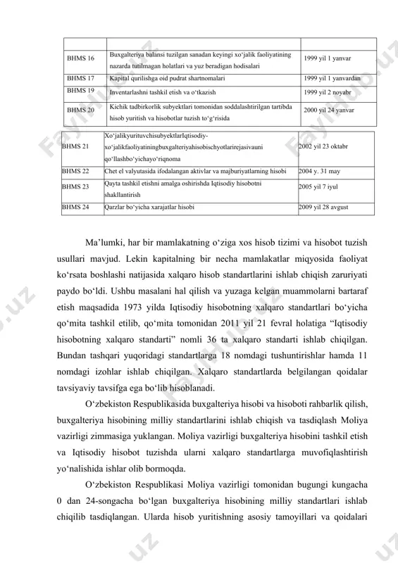 bо‘yicha xarajatlar hisobi 2009 yil 28 avgust ma’lumki, har bir mamlakatning о‘ziga xos hisob tizimi va hisobot tuzish usullari mavjud. lekin kapitalning bir necha mamlakatlar miqyosida faoliyat kо‘rsata boshlashi natijasida xalqaro hisob standartlarini ishlab chiqish zaruriyati paydo bо‘ldi. ushbu masalani hal qilish va yuzaga kelgan muammolarni bartaraf etish maqsadida 1973 yilda iqtisodiy hisobotning xalqaro standartlari bо‘yicha qо‘mita tashkil etilib, qо‘mita tomonidan 2011 yil 21 fevral holatiga “iqtisodiy hisobotning xalqaro standarti” nomli 36 ta xalqaro standarti ishlab chiqilgan. bundan tashqari yuqoridagi standartlarga 18 nomdagi tushuntirishlar hamda 11 nomdagi izohlar ishlab chiqilgan. xalqaro standartlarda belgilangan qoidalar tavsiyaviy tavsifga ega bо‘lib hisoblanadi. о‘zbekiston respublikasida buxgalteriya hisobi va hisoboti rahbarlik qilish, buxgalteriya hisobining milliy standartlarini ishlab chiqish va tasdiqlash moliya vazirligi zimmasiga yuklangan. moliya vazirligi buxgalteriya hisobini tashkil etish va iqtisodiy hisobot tuzishda ularni xalqaro standartlarga muvofiqlashtirish yо‘nalishida ishlar olib bormoqda. о‘zbekiston respublikasi moliya vazirligi tomonidan bugungi kungacha 0 dan 24-songacha bо‘lgan buxgalteriya hisobining …