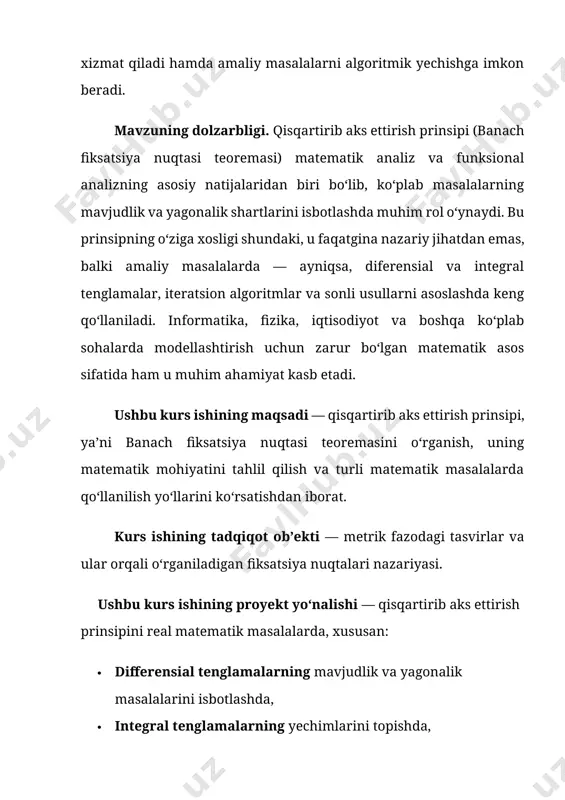 quriladi: 3. agar t qisqartiruvchi bo‘lsa, bu ketma-ketlik konvergent bo‘lib, limiti fiksatsiya nuqtasiga teng bo‘ladi. bu yondashuv matematik tenglamalarning sonli yechimlarida, algoritmlarda, hisoblash matematikasida keng qo‘llaniladi. qisqartirib aks ettirish prinsipi (banach fiksatsiya nuqtasi teoremasi) matematik analiz va uning amaliy yo‘nalishlarida keng tadbiq qilinadi. bu prinsipni turli masalalarning yechimlarini kafolatlashda, ularni iteratsion yo‘l bilan topishda, mavjudlik va yagonalikni asoslashda ishlatish mumkin. quyida ushbu prinsipning asosiy tadbiqlari ko‘rib chiqiladi. akslantirishning qo’zg’almas nuqtasi. aytaylik (x,) metrik fazoni o’z-o’ziga aks ettiruvchi t akslantirish berilgan bo’lsin. 1-ta’rif. agar x fazoda shunday a nuqta topilib, t(a)=a tenglik o’rinli bo’lsa, u holda a nuqta t akslantirishning qo’zg’almas nuqtasi deyiladi. misollar. 1) sonlar o’qini o’ziga aks ettiruvchi t: xx2 akslantirishning qo’zg’almas nuqtalari x=x2 tenglama echimlaridan, ya’ni 0 va 1 dan iborat. 2) formulalar tekislikni o’z-o’ziga akslantiradi. bu akslantirishning qo’zg’almas nuqtalari sistemaning echimidan, ya’ni (-1;1) nuqtadan iborat. 3) agar y(x) funksiya [0;1] kesmada uzluksiz bo’lsa, u holda y2(x)-y(x)-x2 funksiya …