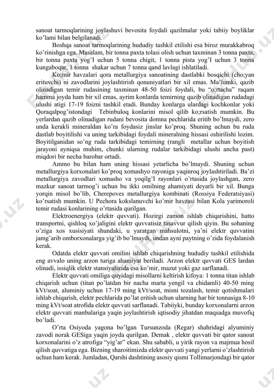 (metall) ko’proq ahamiyatga ega bo’lsa, boshqasi uchun malakali ishchi kuchi munim omil hisoblanadi. endi yuqorida ko’rsatilgan asosiy omillarga qisqacha to’xtalib o’tamiz. tabiiyki, ishlab chiqarish jarayonida xomashyo resurslari muhim omil hisoblanadi. ayrim mahsulotlarni ishlab chiqarishda esa xomashyo boshqa omillarga qaraganda ko’proq talab etiladi. shuning uchun bunday mahsulotlarni ishlab chiqarishda ixtisoslashgan tarmoqlar va korxonalar mumkin qadar xomashyo rayonlariga yaqin joylashtiriladi. sanoatning ba’zi tarmoqlari masalan, tog’-kon, o’rmon, baliqchilik sanoati tarmoqlarining joylashuvi xomashyo bo’lmagan rayonlarda riyojlanmaydi. bunday sanoat tarmoqlarining joylashuvi bevosita foydali qazilmalar yoki tabiiy boyliklar ko’lami bilan belgilanadi. boshqa sanoat tarmoqlarining hududiy tashkil etilishi esa biroz murakkabroq ko’rinishga ega. masalam, bir tonna paxta tolasi olish uchun taxminan 3 tonna paxta, bir tonna paxta yog’i uchun 5 tonna chigit, 1 tonna pista yog’i uchun 3 tonna kungaboqar, 1 tonna shakar uchun 7 tonna qand lavlagi ishlatiladi. ko;mir havzalari qora metallurgiya sanoatining dastlabki bosqichi (cho;yan erituvchi) ni zavodlarini joylashtirish qonuniyatlari bir xil emas. ma’lumki, qazib …