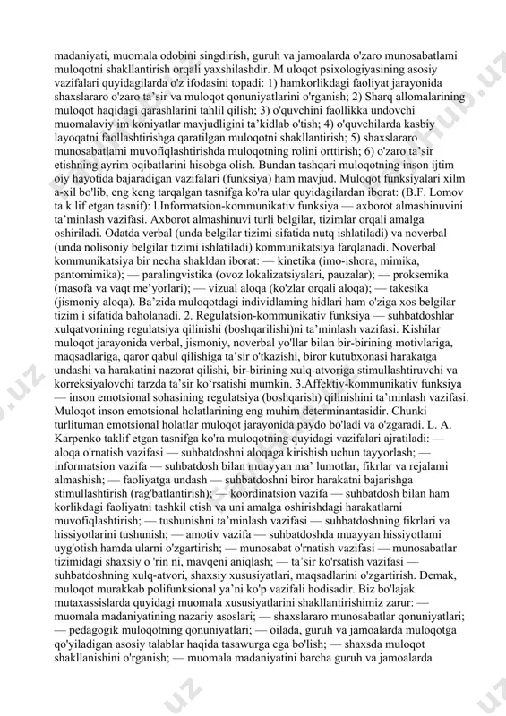 ik va ijtim oiy kutubxonasi asoslari, vazifalari, tiz im i, diniy his-tuyg‘ ular, diniy guruhlar psixologiyasini o'rganishda albatta muloqot xususiyatlari, muloqot madaniyatini bilishga asoslanadi. demak, muloqot psixologiyasi psixologiyaning barcha tarmoqlari bilan bog'liq holda rivojlanadi. 1.3. milliy g ‘oya asosida muloqotning shakllanishi m illiy psixologiyaning asosiy vazifasi yoshlar ongida m illiy g'oyani shakllantirishdir. bunda muloqot katta ahamiyatga ega. respublikamizda istiqbolda amalga oshirishga mo'ljallangan g'oyalar mavjud. ular vatanimiz taraqqiyotini belgilab beruvchi istiqbol dasturi vazifasini bajarib kelmoqda. bu g'oyalar: 1) o'zbekiston kelajagi buyuk davlat; 2) o'zbekistonda demokratik, huquqiy, fuqarolik jamiyatini barpo etish; 3) fuqarolar ongini ma’naviyat mash’ali bilan yoritish; 4) mustaqil fikrlovchi, faol, fidoiy kishilarni tarbiyalash; 5) kom il insonni kamol toptirish kabilardir. vatanimizning m illiy g'oyasi barcha millatlar, uchun umumiydir. m illiy g'oya fuqarolarning diniy e’tiqodi, ijtim oiy kelib chiqishidan qat’i nazar baxtli turmush, farovon hayot, o'zaro totuvlik, mustaqillik tuyg'usiga sadoqat, ezgu niyatlari ushalishini kafolatlaydi. m illiy g'oyani bolalar ongiga yoshlikdan singdirish …