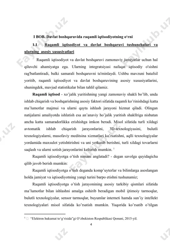 da namoyon bo’ladi: —bu yangi kadrlar va yangi ish joylari hosil bo’lishida —bu yangi korporativ madaniyat barpo bo’lishida —bu yangi boshqaruv va nazorat usullarining yuzaga kelishida —bu katta ma’lumotlar bazalari (big data) va aniqlikka erishishda —bu sun’iy intellekt va intellektual boshqaruv tizimlarining hosil bo’lishida —bu ta’lim, ishlab chiqarish va boshqaruvdagi virtualizatsiya jarayonlari amalga oshishida —bu buyumlar interneti va masofaviy ta’lim (mooc) ning keng miqyosda qo’llanilishida —bu blokcheyn va u orqali yurutiladigan turli-tuman jarayonlarning hayotga tadbiq qilinishida —bu mayning jarayoni hamda mustaqil biznez yuritish imkoniyatining yuzaga chiqishida —bu yangi pul-kredit tizimi va banklar faoliyatining kengayishida —bu katta investitsyalar jalb qilish imkonini beradigan ico (initial coin offering) jarayoning amalga oshirilishida —bu mustaqil pul birligi va kriptovalyutalarning amaliyotga kirib kelishida —bu elektron tijorat va elektron biznesning rivojlanishida va boshqa juda katta imkoniyatlar yuzaga kelishidadir. raqamli texnologiyalarining rivojlanish bosqichlari sifatida esa quyidagilarni ko’rsatishimiz mumkin: 1-bosqich: —jarayonlarni komp’yuterlashtirish va avtomatlashtirish (shu jumladan, arm, erp, edi, …