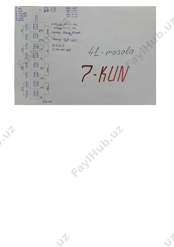 ni uzun bo’lish(id), kalta bo’lishi ustidan to’liq dominantlik qiladi. bu uch juft gen bitta gomologik xromasomada chala brikkan xolda irsiylanadi. trigomozigota gullari erta ochiluvchi, barglari to’q yashil, tolasi kalta g’o’za o’simligi. trigomozigota gullari kech ochiluvchi, barglari och yashil, tolasi uzun g’o’za o’simligi bilan chatishtirilib olingan f1 avlod barcha belgilari bo’yicha gomozigota retsessiv genlarga ega go’za o’simligi bilan tahlili chatishtirildi. natijada: 2808 ta gullari erta ochiluvchi, bargi to’q yashil, tolasi kalta. 2792 ta gullari kech ochiluvchi, bargi och yashil, tolasi uzun. 715 ta gullari erta ochiluvchi, barglari och yashil, tolasi uzun. 725 ta gullari kech ochiluvchi, barglari to’q yashil, tolasi kalta. 444 ta gullari erta ochiluvchi, bargi to’q yashil, tolasi uzun. 436 ta gullari kech ochiluvchi, bargi och yashil, tolasi kalta. 38 ta gullari erta ochiluvchi, bargi och yashil, tolasi kalta. 42 ta gullari kech ochiluvchi, barglari to’q yashil, tolasi uzun organizmlar xosil bo’ldi. topshiriqni bajarish tartibi: 1) belgilar va ularni …