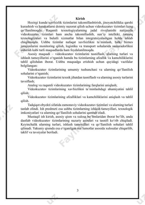 malardan tashkil topgan tizim. videotasvirni yozib olish usuliga ko‘ra · doimiy yozib oluvchi tizimlar – kamera doimiy ravishda yozib boradi va saqlaydi. · harakatni aniqlovchi tizimlar – kamera faqat harakat sezilganda yozib olishni boshlaydi, bu esa saqlash joyini tejashga yordam beradi. videokuzatuv tizimlarining afzalliklari: · xavfsizlikni ta’minlash va jinoyatchilikning oldini olish. · ish jarayonlarini optimallashtirish va samaradorlikni oshirish. vaqt va mablag‘ tejamkorligi · uzoqdan nazorat qilish va boshqarish imkoniyati videokuzatuv tizimlari zamonaviy xavfsizlik texnologiyalarining ajralmas qismiga aylangan. ularning turli turlari va xususiyatlari foydalanuvchilarning ehtiyojlariga qarab tanlanadi va qo‘llaniladi. kelajakda sun’iy intellekt va aqlli tahlil vositalari bilan yanada rivojlanishi kutilmoqda. videokuzatuv tizimining asosiy vazifalari va ularning kengaytirilgan tavsifi. videokuzatuv tizimlari xavfsizlikni ta’minlash, jarayonlarni monitoring qilish va dalillarni qayd etish kabi muhim funksiyalarni bajaradi. ularning vazifalari bir necha asosiy yo‘nalishlarga bo‘linadi. quyida ushbu tizimlarning asosiy funksiyalari batafsil yoritilgan. · xavfsizlik va jinoyatchilikning oldini olish · videokuzatuv tizimlari jinoyatlarning oldini olish va xavfsizlikni …