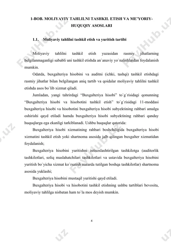 riya hisobi subyektining rahbari qanday huquqlarga ega ekanligi tarkiblanadi. ushbu huquqlar qatorida: buxgalteriya hisobi xizmatining rahbari boshchiligida buxgalteriya hisobi xizmatini tashkil etish yoki shartnoma asosida jalb qilingan buxgalter xizmatidan foydalanish; buxgalteriya hisobini yuritishni ixtisoslashtirilgan tashkilotga (auditorlik tashkilotlari, soliq maslahatchilari tashkilotlari va ustavida buxgalteriya hisobini yuritish bo`yicha xizmat ko`rsatish nazarda tutilgan boshqa tashkilotlar) shartnoma asosida yuklashi; buxgalteriya hisobini mustaqil yuritishi qayd etiladi. buxgalteriya hisobi va hisobotini tashkil etishning ushbu tartiblari bevosita, moliyaviy tahlilga nisbatan ham to`la mos deyish mumkin. tahlilni tashkil etish shakli sifatida ichki moliyaviy tahlilni tashkil etilishi va tashqi moliyaviy tahlilni tashkil etilishini tarkiblash maqsadga muvofiqdir. tashqi moliyaviy tahlil cheklangan axborotlarni aks ettiruvchi moliyaviy hisobot shakllari asosida xo`jalik yurituvchi subyektlarning moliyaviy holatini o`rganishni xarakterlaydi va korxona erishgan natijalarining barcha sirlarini ochib berish imkonini bermaydi. ushbu tahlil ichki axborot bazasidan foydalanish imkoniga ega bo`lmagan, korxona faoliyati bilan qiziquvchi kontragentlar, mulk egalari yoki davlat organlari tomonidan amalga oshiriladi. tashqi moliyaviy tahlilning …