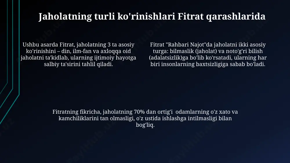 ik qilish va xayriya ishlarini 2 ta asosiy turga ajratadi: moddiy va ma'naviy yordamlar, ularning nisbati jamiyatning 10% dan ortig'ini tashkil etishi kerakligini ta'kidlaydi. ushbu amallarni bajarish orqali insonlarning 30% gacha bo'lgan qismi baxtsizlikdan xalos bo'lishi mumkinligi haqida fitratning fikrlari mavjud. yaxshilik qilish va xayriya ishlari, fitratning ta'kidlashicha, 5 ta asosiy bosqichdan iborat bo'lib, har bir bosqich insonning ma'naviy yuksalishida muhim rol o'ynaydi. dunyoviylikning zararli oqibatlari fitrat nazariyasida uning nazariyasida, dunyoviylikka berilganlik, 3 darajali axloqiy tanazzulga olib kelishi, bu esa shaxsning o‘ziga va jamiyatga nisbatan mas’uliyat hissini yo‘qotishiga olib keladi. fitrat dunyoviylikning ikki asosiy zararli oqibatini – 1) ma’naviy buzuqlik va 2) ijtimoiy parchalanish sifatida ta’riflaydi, bu esa insoniyatning baxtsizlikka uchrashining asosiy sabablaridan biridir. fitrat, dunyoviylikning zararli oqibatlarini 5 ta asosiy belgi bilan tavsiflaydi: ifloslik, yolg‘onchilik, himoya, shafqatsizlik va adolatsizlik. bu belgilar insonning ichki dunyosini vayron qiladi. xulosa va yakunlovchi fikrlar asarda keltirilgan 5-6 ta amaliy tavsiyalar, baxtsizlikka uchragan odamlarning …