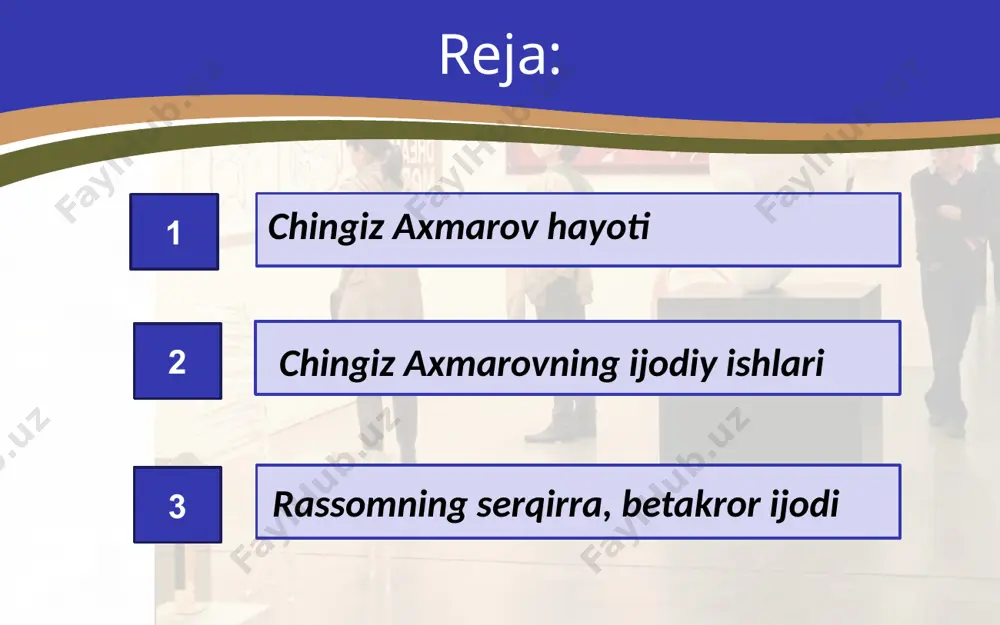 chki qismiga (1969y.), samarqanddagi “yulduz” choyxona-restoran majmuasining ziyofatlar zaliga (1970y.), andijondagi adabiyot muzeyi shahobchasiga (1974y.) devoriy rasmlar ishladi. chingiz ahmarov o`z asarlarida sharq she`riyatida doimo madh etilgan go`zal chehralarni, to`lin oyni eslatadigan yuzlar, bodom qovoqlar, yoyday qoshlar, o`qdek kipriklarni tasvirlashga harakat qiladi. rassom o`z asarlarida hamma ranglarni birvarakayiga ishlatmaydi. balki, asar uchun bitta yoki ikkita rangni tanlaydi-da, uning rangbarang tuslaridan foydalanadi. xususan, adabiyot muzeyidagi suvratlarda pitoqi-yashil, sharqshunoslik institutidagi asarlarida yashil va och nilgun ranglar keng qo`llanilgan. chingiz ahmarovning muvaffaqiyatli ishlaridan yana biri “sug`d to`yi” hisoblanadi. kompazitsiya markazida qadimgi ajdodlarimiz e`tiqodiga ko`ra, hayot ramzi bo`lmish quyosh fonida turgan kelin bilan kuyov tasvirlangan. chingiz ahmarov ijodining so`nggi yillarida o`z shogirdlari bilan toshkent metrosi bekatlari, ma`muriy binolarni badiiy bezashda ulkan ishlarni amalga oshiradi. ayniqsa, rassomning toshkent metrosi, alisher navoiy bekatidagi ijodiy ishlari diqqatga sazavordir. chingiz ahmarov sanatshunos olim, ham mehribon murabbiy, shu ningdek, zukko professor ham edi. uning milliy o`zbek mahobatli rangtasvirini rivojlantirishga …
