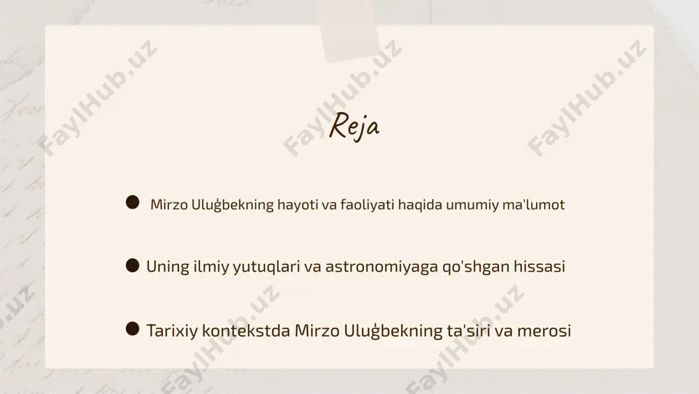 igonometriya sohasida muhim yutuqlarga erishdi, bu esa keyinchalik boshqa olimlar tomonidan rivojlantirildi. u o'zining ilmiy ishlari orqali nafaqat astronomiya va matematika, balki boshqa fanlar rivojiga ham katta hissa qo'shgan. ulugʻbekning ilmiy faoliyati uning davlat rahbari sifatidagi roliga ham ta'sir ko'rsatdi, chunki u ilm-fan va ta'limni rivojlantirishga katta e'tibor berdi. bu esa o'z navbatida, uning davlati uchun kuchli ilmiy asos yaratdi. photo by cas holmes on unsplash mirzo ulugʻbekning merosi mirzo ulug'bekning ilm-fan va madaniyatga qo'shgan hissalari haqida qisqacha ma'lumot. mirzo ulug'bek - o'z davrining buyuk astronomi va olimidir. uning merosi nafaqat o'zbekiston, balki butun dunyo ilm-fan rivojiga katta ta'sir ko'rsatdi. ulug'bekning 15-asrda qurilgan observatoriyasi, o'sha davrdagi eng ilg'or astronomik asboblar va tadqiqotlar bilan jihozlangan edi. u shuningdek, o'ziga xos 'zij' asarini yaratdi, bu asarda yulduzlar harakati va vaqtni o'lchash haqida muhim ma'lumotlar keltirilgan. uning ilmiy ishlari bugungi kunda ham o'rganilmoqda, va uning ta'siri zamonaviy astronomiya va matematikaga katta hissa qo'shgan. …