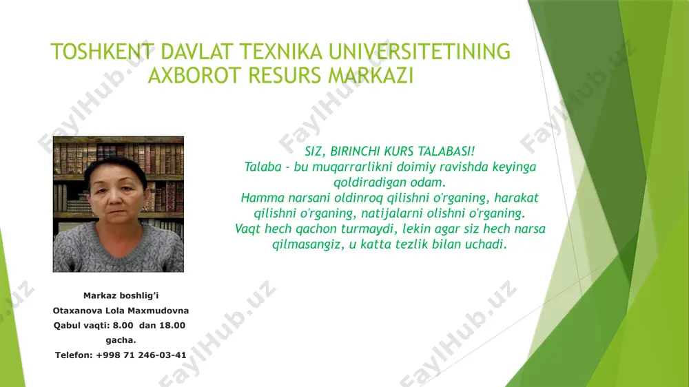 magistrlari, professor-o’qituvchilari, shuningdek, turdosh oliy o’quv yurtlarning mutaxassislari hamda ilmiy tashkilotlarning vakillari samarali foydalanadilar. bugungi kunda arm o’zining keng qamrovli, boy resursi hisobiga nafaqat toshkent shahri hududidagi, balki barcha respublikadagi turli toifa foydalanuvchilariga ham namunali xizmat ko’rsatib kelmoqda. arm faoliyatida yangi axborot texnologiyalaridan foydalanishga alohida e’tibor berilmoqda. arm mahalliy tarmog’i orqali internetga chiqish yo’lga qo’yilgan. universitet hududida korporativ tarmoqqa kiruvchi tizimlarda istemolchilarni o’z ish o’rinlariga qolib, bevosita elektron katalog xizmatlaridan foydalanishlari yo’lga qo’yilgan. bu tizim arm “irbis” dasturi va “armat – u” milliy dasturi bilan arm – katologizator, jamlash, kitobxon va tarmoq administratori ko’rinishga ega. barcha tarmoq arm markazlashgan yagona ek orqali internetga ulangan bo’lib u tezkor usulda adabiyotlarni qidirishga imkon yaratuvchi kompyuter bilan jihozlangan. hozirgi kunda axborot resurslari orasida ek xizmatiga talab ortib bormoqda. demak, arm xodimlari zimmasida ek o’zlashtirish bilan birga, ma’lumotlar bazasini – mb yaratish ham kiradi. arm xodimlari ec bilan birgalikda tematik ma'lumotlar bazalarini (jb) yaratadilar: …