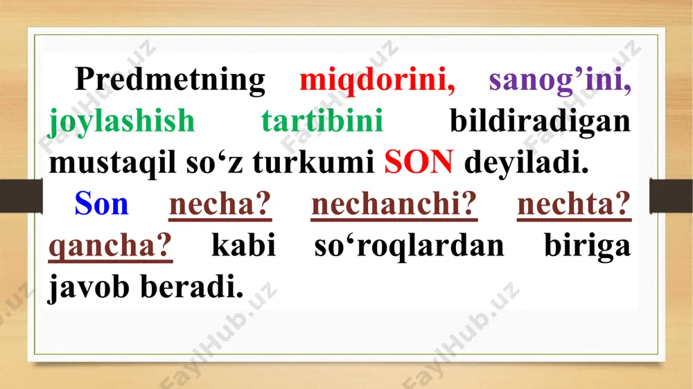 nlar narsalarning yakkalab, donalab sanaladigan umumiy miqdorini bildiradi. miqdor sonlarga -ta qo‘shimchasini qo‘shish bilan hosil bo‘ladi: yuzta qo‘y, mingta daraxt, o‘n mingta daftar kabi chama sonlar shaxslar, narsalarning taxminiy, noaniq miqdorini bildiradi. u miqdor sonlarga -tacha, -larcha, -y,-аy qo‘shimchalaridan mosini qo‘shish yoki ikkita sonning o‘zaro teng juftlashib qo‘llanishidan hosil bo‘ladi: o‘ntacha talaba, yuztacha ishchi, mingtacha ko‘chat, minglab qushlar, besh-o‘nta daftar, bir-ikki og‘iz gap kabi jamlovchi sonlar shaxslar, narsalar miqdorini jamlab, umumlashtirib yoki ajratib ko‘rsatadi. ular miqdor sonlarga -ov, -avlon, -ala qo‘shimchalaridan tegishlisini qo‘shish bilan hosil bo‘ladi: ikkovi, uchovlon, to‘rtalasi, oltovlon, yettoviga kabi. tartib sonlar ham miqdor sonlarga -nchi, -inchi qo‘shimchalaridan mosini qo‘shish orqali hosil bo‘lib, narsalarning tartibini, joylashish o‘rnini bildiradi: ikkinchi, to‘rtinchi, o‘n birinchi, yetmish sakkizinchi kabi. tartib sonlar chiziqcha bilan yozilishi ham mumkin. 8-mart, 7-uy rim raqamlarida chiziqcha ishlatilmaydi. ii asr, xii asr sanoq son bilan sanaladigan narsalarni ifodalovchi so‘z o‘rtasida qo‘llanib, bu narsaning o‘lchovini bildiradigan so‘zlar hisob so‘zlar …