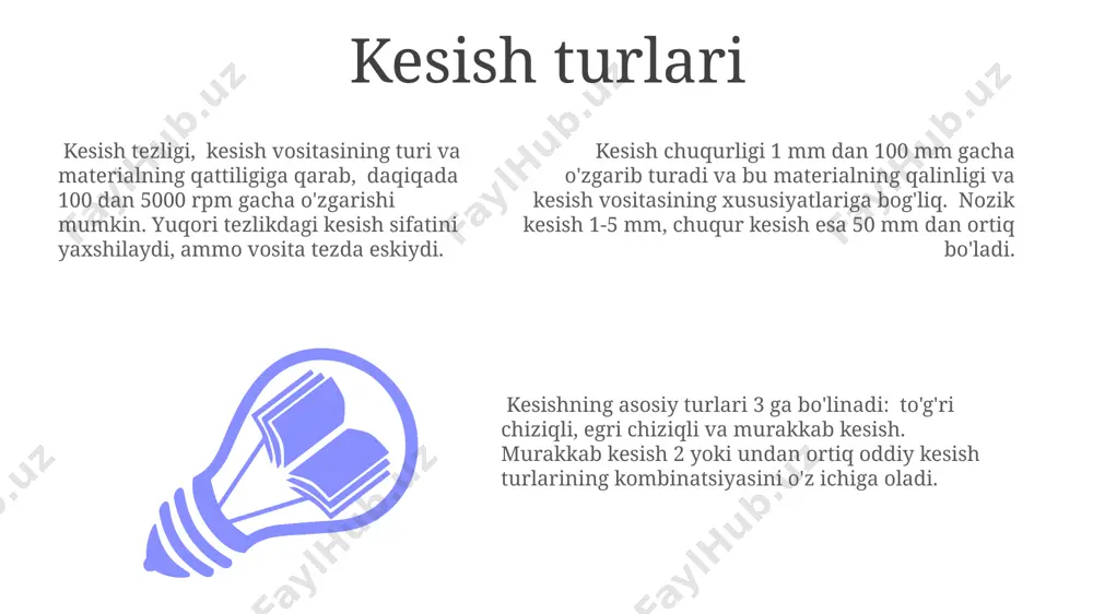 esish xavfi va oldini olish kesish xavfini kamaytirish uchun 3 dan ortiq xavfsizlik choralari, jumladan, himoya vositalaridan foydalanish, ish joyining tozaligi va xodimlarni o'qitish majburiydir. kesish jarohatlarining og'irligi 1-5 ball shkalasi bilan baholanadi, 5 balli jarohatlar jiddiy tibbiy yordamni talab qiladi va uzoq muddatli tiklanish davrini o'z ichiga oladi. kesish jarohatlarining 70% dan ortig'i noto'g'ri vosita ishlatish yoki xavfsizlik qoidalariga rioya qilmaslik natijasida ro'y beradi. kesish texnikasi kesish chuqurligi va tezligi kesilgan materialning xususiyatlariga, masalan, qattiqlik koeffitsientiga va zichligiga bog'liq bo'lib, taxminan 1-5 mm oralig'ida o'zgarishi mumkin. kesish texnikasining turli xil usullari, jumladan, aylanma, to'g'ri chiziqli va qo'shimcha vositalar yordamida amalga oshiriladigan murakkab kesish usullari mavjud, bu esa 2-3 baravar tezlikni ta'minlaydi. kesish texnikasida 30° dan 45° gacha burchak ostida bajarilgan kesish nisbatan silliq va aniq natijalar beradi, bu esa keyinchalik ishlov berishni soddalashtiradi. e'tiboringiz uchun rahmat @taqdimot_robot image1.jpeg image2.jpeg image3.jpeg
