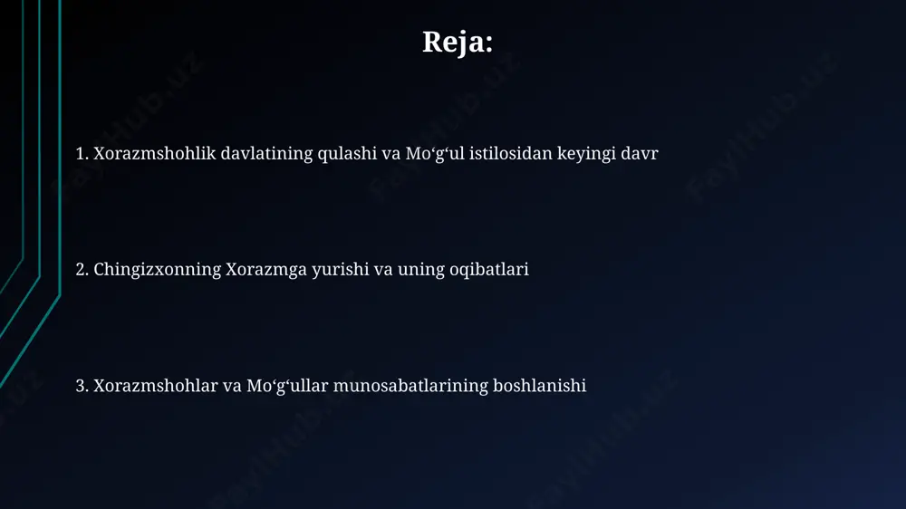 rining oʻldirilishi, taxminan 200 000 kishilik moʻgʻul qoʻshinining xorazmga bostirib kirishiga sabab boʻldi, natijada imperiya tezda qulab tushdi. 1221-yilda moʻgʻullar qoʻshini jeyhun daryosini kesib oʻtib, xorazm shahrini egallab oldi, bu esa xorazmshohlar davlatining qulashiga turtki boʻldi va mintaqada keng koʻlamli vayronagarchiliklarga olib keldi. moʻgʻullar istilosi davridagi xorazm aholisining ahvoli xorazmning 1221-yilgi vayron qilingan shaharlari, masalan, urganch va xiva, aholisining katta qismi qirilib, qolganlari qulga aylantirildi yoki boshqa hududlarga haydaldi. taxminan 1,5 million kishi halok boʻldi va yuz minglab odamlar qul sifatida moʻgʻuliston, fors va boshqa yerlarga olib ketildi, xorazmning demografik tuzilishi tubdan oʻzgardi. muhammd ii va chingizxon o‘rtasidagi ziddiyatlar muhammad ii ning 1219-yilda chingizxon qo‘shinlariga qarshi o‘tror shahrida qattiq qarshilik ko‘rsatganligi, bu esa ulkan qirg‘in va mongol bosqinchiligining asosiy sabablaridan biri bo‘lgan. muhammad ii ning yaqin sharq va markaziy osiyodagi kuchli davlatlar bilan ittifoq tuzishga bo‘lgan urinishi, chingizxonning 1221-yilga kelib khorozmni butunlay zabt etish rejasini tezlashtirgan. moʻgʻul istilosidan keyingi xorazm …