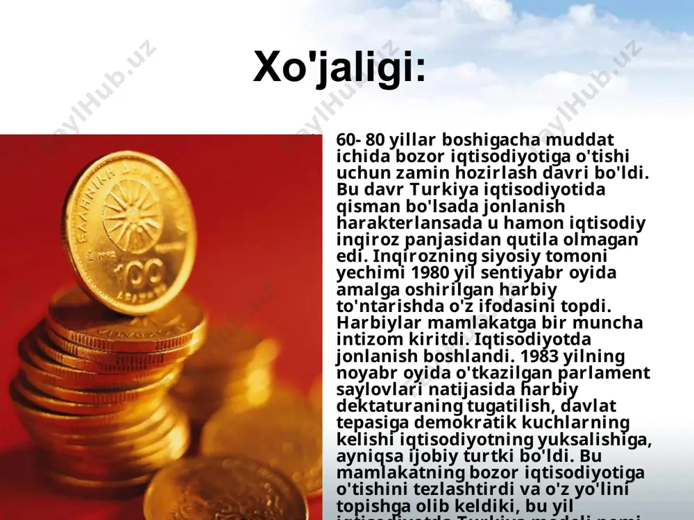 va ulardan yasalgan buyumlar, yigirilgan ip va matolar, plastmassa va undan yasalgan mahsulotlarni yetkazib berish hisobiga oshdi. o'zbekiston respublikasida tekstil, qurilish, ulgurji va chakana savdo, oziq ovqat, kimyo, ko'nchilik, yog'ochsozlik, go'sht va sut mahsulotlari sanoati, tashqi savdo faoliyati kabi sohalarda turk sarmoyasi ishtirokida 579 ta korxona faoliyat yuritayotgan bo'lib, ulardan 133 taisi 100 foiz xorijiy sarmoya hisobiga tashkil etilgan. o'zbekiston respublikasi tashqi iqtisodiy aloqalar, investitsiyalar va savdo vazirligida turk kompaniyalarining 84 ta vakolatxonasi akkreditatsiyadan o'tkazilgan. ikki mamlakat o'rtasida savdo iqtisodiy hamkorlik bo'yicha hukumatlararo qo'shma komissiya faoliyat yuritadi. savdo iqtisodiy va investitsiyaviy hamkorlikka ko'maklashish maqsadida o'zbek turk ishbilarmonlar kengashi tashkil etilgan. mamlakatlar o'rtasida biznes seminarlar va ishbilarmon doiralar vakillarining uchrashuvlari o'tkazib turiladi. turkiya firmalari asosan, to’qimachilik, oziq-ovqat, qurilish, kimyo, charm-galantеrеya, yog’ochga ishlov bеruvchi, go’sht va sut mahsulotlari, ulgurji va chakana savdo sohalariga ko’proq ahamiyat bеryaptilar. o’zbеkiston tashqi iqtisodiy aloqalar, igvеstisiya va savdo vazirligi 93 ta turk kompaniyalarini akkrеditasiyadan o’tkazgan. turkiya hududida …