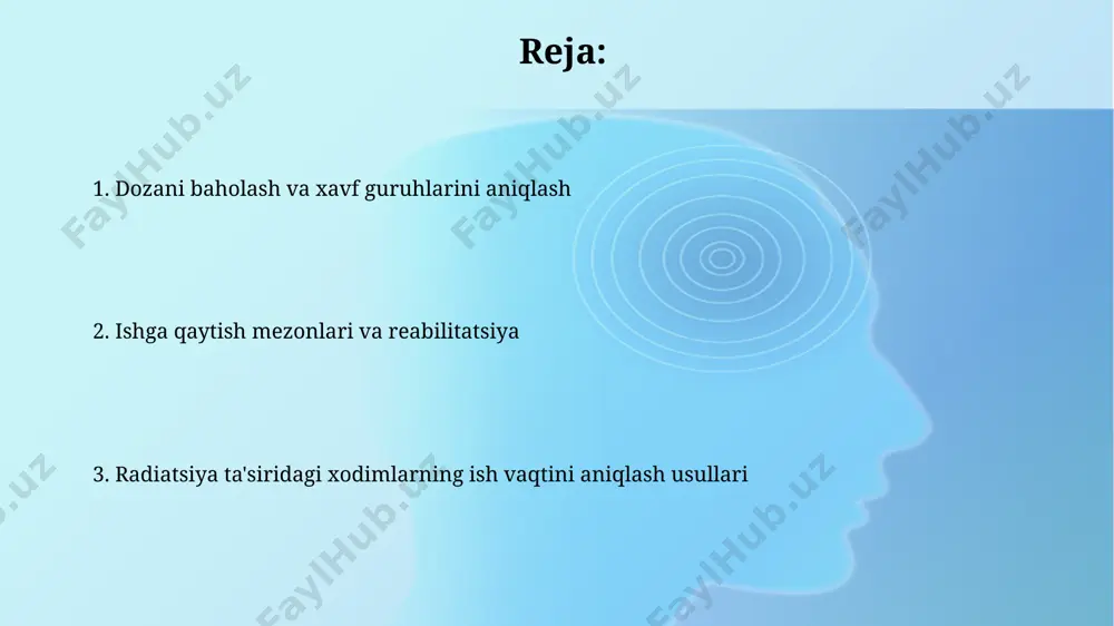 a ish vaqtini qisqartirish mezonlarini belgilaydi. ish beruvchining majburiyatlari ish beruvchi, 24 soat ichida, radiatsiyaga uchragan 5 nafar xodimning toshkent shahridagi maxsus tibbiyot muassasalariga yuborilishini ta'minlashi shart. ish beruvchi, 100 dan ortiq xodim radiatsiya ta'siriga uchragan hollarda, farg'ona viloyatining tegishli davlat organlariga 48 soat ichida voqea to'g'risida xabar berishi va zarur yordamni olishda yordam berishi kerak. ionlashtiruvchi nurlanishning ta'siri ionlashtiruvchi nurlanishning ta'siri chernobil aesdagi falokatdan keyin 1000 dan ortiq xodimda radiatsiya kasalliklari aniqlangan, bu esa ularning ish qobiliyatini 5-10 yilga kamaytirgan. o'zbekistonning navoiy viloyatidagi uran konlarida ishlaydigan xodimlar 20 msv dan yuqori nurlanish dozalariga duchor bo'lishlari mumkin, bu esa ularning sog'lig'iga jiddiy zarar yetkazishi va ish vaqti qisqarishiga olib kelishi mumkin. dozani o'lchash va baholash usullari toshkentdagi 5-sonli radiologiya markazida o‘tkazilgan tadqiqotlar shuni ko‘rsatdiki, 20 sv dan yuqori dozani olgan xodimlarning ish qobiliyati 30% ga kamaygan. farg‘ona viloyatida 100 nafar ishchining radiatsiya dozasini o‘lchashda termolyuminestsent dozimetrlardan foydalanib, o‘rtacha 0,5 msv …