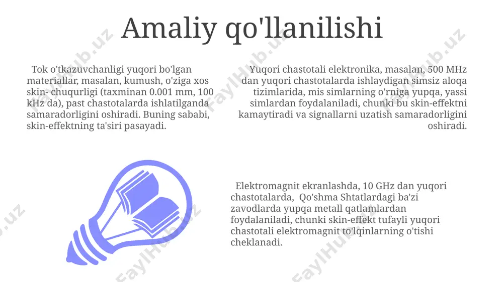 hodisasi tufayli energiya yo'qotishlari, ayniqsa, 50 hz dan yuqori chastotalarda sezilarli darajada oshadi, bu esa, masalan, toshkentdagi elektr uzatish liniyalarining samaradorligiga ta'sir qiladi. yuqori chastotali oqimlarning 10 mhz dan yuqori chastotalarda metall o'tkazgichlarning sirtiga yaqinlashishi, masalan, mis simlarda, terining chuqurligiga qarab 1 mm gacha kamayishi kuzatiladi. termodinamika asoslari o'zbekistonning samarqand shahridagi 25°c haroratda 1 kg suvni 100°c ga qizdirish uchun 418,6 kj issiqlik energiyasi kerak bo'ladi, bu termodinamikaning asosiy printsiplaridan biri bo'lgan issiqlik sig'imini ko'rsatadi. 273.15 k (mutlaq nol) haroratda barcha moddalarning entropiyasi nolga teng bo'ladi, bu termodinamikaning uchinchi qonuni hisoblanib, ideal gazlar uchun qo'llanilishi murakkab. 500 vt quvvatga ega elektr qozonida 1 litr suvni qaynatish uchun 20 minut vaqt ketadi, bu energiya o'tkazish tezligi va issiqlik almashinuvi jarayonlarini aks ettiradi. e'tiboringiz uchun rahmat @taqdimot_robot image1.jpeg image2.jpeg image3.jpeg