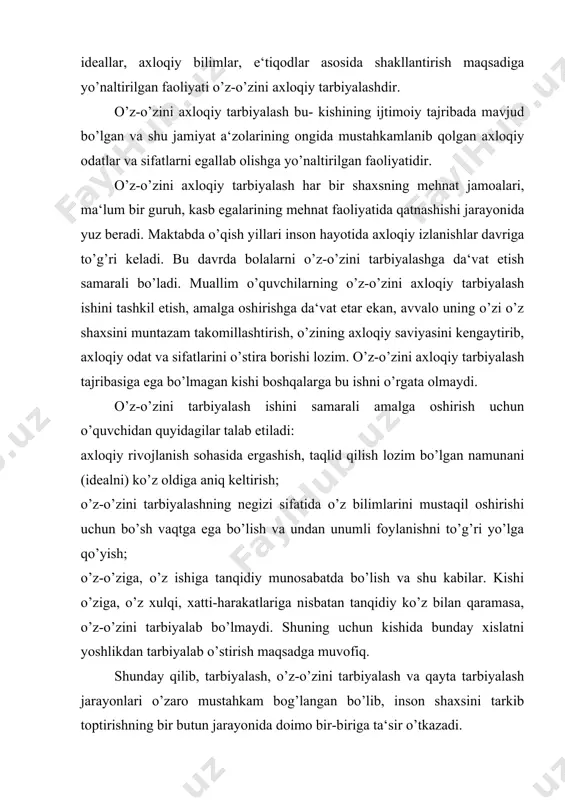 ariga, gap-so’zlariga, kishilar oldida o’zlarini qanday tutishiga, o’z maqsadlarini qanday so’zlar bilan tushuntirishlariga katta ahamiyat berishgan. ular farzandlarining qo’rslik qilishi, kattalar suhbatiga aralashishi, nojo’ya ishlariga zinhor-bazinhor yo’l qo’ymaganlar. bu kabilarga farzand tarbiyasining eng muhim tomoni deb qaraganlar. ammo, ming taassufki, yaqin tariximizda sharqona tarbiya, axloq-odobning ming yillik tajribalaridan «eskilik sarqiti» deb voz kechdik, o’zligimizni unutayozdik. sharqona odob ming yillar maboynida islomiy tarbiya qoidalari asosida tarkib topib, takomillashib borganligi tarixdan ma‘lum. jumladan, qur‘oni karim oyatlari mazmuni, payg’ambar alayhissalom hadislari, sharq allomalari va faylasuflarining hikmatomuz kitoblari tarbiyamizning manbai bo’lib xizmat qilgan. islomiy tarbiya musulmonlar hayotining barcha qirralarini, hatto mayda jihatlarigacha qamrab olgan. u go’daklarni emizishdan tortib, qanday kiyintirishgacha, ovqatlanish odobidan tortib, ko’cha-ko’yda, kattalar oldida o’zini qanday tutish lozimligigacha barcha jihatlarni o’z ichiga olgan. eng asosiysi, islomiy odob farzandlarning halol, pok, mehnatkash, ilmga intiluvchi, kattalarni, ayniqsa, ota-onani hurmatlash ruhida tarbiyalashni shart qilib qo’ygan. masalan, rasululloh hadislarida: «farzandlaringizni izzat-ikrom qilish bilan birga axloq-odobini ham …