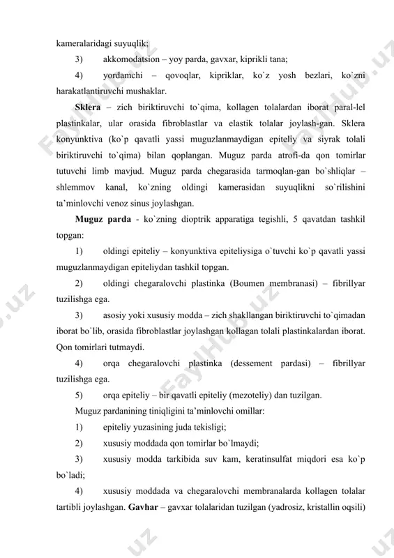madan iborat. 2) tomirli plastinka – siyrak tolali biriktiruvchi to`qimada arteriya va venalar, ko`plab melanotsitlar, silliq mushak hujayralarining aloxida tutamlari mavjud. 3) tomirli – kapillyar plastinka – ko`plab kapillyarlar tutadi. 4) brux bazal membranasi – elastik tolalar qavati, fibroz qavat, bazal membrana. kiprikli tana – 2 qismdan (ichki – siliar toj va tashqi – siliar xalqa) iborat. siliar toj o`simtalari ko`z gavhari kapsulasiga tutashadi, siliar tana asosini siliar mushak (silliq hujayralari tashkil etadi va ular uch xil yo`nalishda joylashgan: tashqi meridional, o`rta radial va ichki sirkulyar), siliar tana o`simtalari tashqaridan 2 qavatli kubsimon epiteliy bilan qoplangan, mushak tutamlari orasida pigment hujayralari ko`plab uchraydi. yoy parda – 5 qavatli: 1) oldingi bir qavatli yassi epiteliy - muguz parda orqa epiteliysining davomi; 2) oldingi yoki tashqi chegaralovchi mebrana– fibroblastlar va melanotsitlar tutuvchi siyrak tolali biriktiruvchi to`qimadan iborat; 3) tomirli qavat – kon tomirlar va melanotsitlar tutuvchi siyrak tolali biriktiruvchi to`qimadan iborat; 4) …
