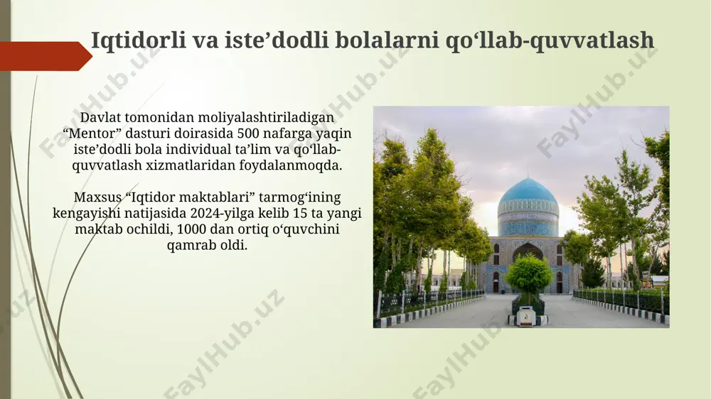 , oʻquv dasturlari 50% ga yangilandi. taʼlimni boshqarish va moliyalashtirish 2023-yilga kelib, taʼlim tizimini raqamlashtirish dasturi doirasida 1000 dan ortiq maktab elektron resurslar va zamonaviy texnologiyalar bilan jihozlandi, bu esa oʻquv jarayonini sifatini yaxshilashga yordam beradi. taʼlim muassasalarini boshqarishda avtonomiyani oshirishga qaratilgan islohotlar, maktablarga 20% gacha qoʻshimcha mablagʻlarni oʻz ehtiyojlariga qarab sarflash imkoniyatini beradi. oʻzbekistondagi taʼlim islohotlarining tarixiy istiqbollari 2000-yillarning boshlarida, davlat taʼlim standartlari joriy etildi va maktab oʻquv dasturlari xalqaro standartlarga moslashtirishga qaratilgan keng koʻlamli islohotlar amalga oshirildi. bu jarayon davomida pedagogik texnologiyalarni modernizatsiya qilishga ham alohida eʼtibor qaratildi. 2017-yildan boshlab, prezident farmonlari bilan taʼlimning raqamlilashtirish jarayoni tezlashdi, masalan, onlayn taʼlim platformalari va elektron resurslar soni sezilarli darajada koʻpaydi, bu 5 yil ichida oʻquv jarayonining samaradorligini oshirishga qaratildi. umumiy oʻrta taʼlimdagi islohotlar oʻqituvchilarning malakasini oshirish boʻyicha 300 dan ortiq yangi dastur ishlab chiqildi va innovatsion pedagogik texnologiyalarni qoʻllash boʻyicha treninglar oʻtkazildi, bu oʻqitish sifatini yaxshilashga qaratilgan. umumiy oʻrta taʼlimda …