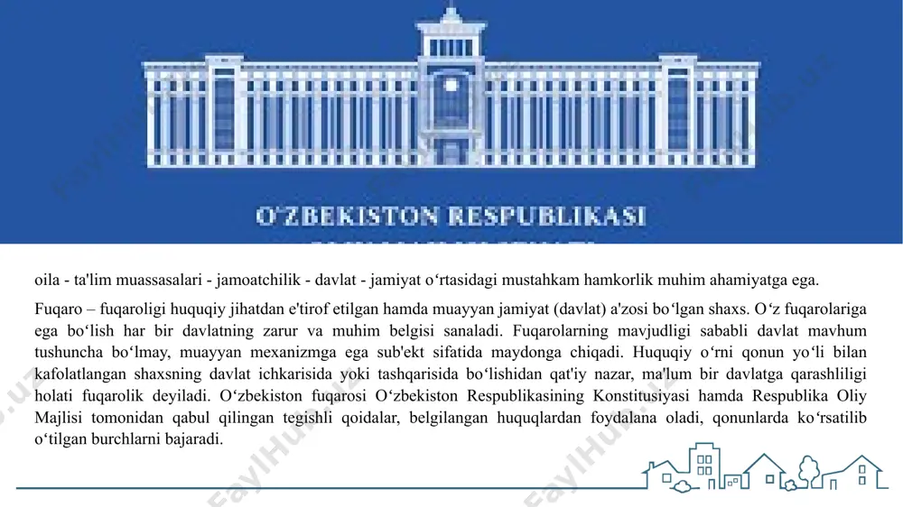 i aks ettirilgan. bayroqning chap tomoni yuqorida qismida yarim oy va oʻn ikki yulduzning tasviri tushirilgan. koʻk rang va yulduzlar tasviri tiniq, moviy osmon belgisidir. oʻrtadagi oq rang esa yorugʻ kun va pokiza, oq koʻngilli oʻzbek xalqining tilagi, qizil hoshiyalar esa tomirlarda joʻsh urayotgan qon kabi tiriklik va hayot ramzidir. bayroq davlat mustaqilligining belgisigina boʻlmay, u oʻzbekiston respublikasi nominaxi xalqaro maydonda ramziy ravishda ifoda etish uchun xizmat qiladi. davlat bayrogʻi prezidentlik apparati, respublika oliy majlisi va hukumati, qoraqalpogʻiston respublikasi joʻqorigʻi kengeshi va hukumati, xalq deputatlari mahalliy kengashlari, turli davlatlarda respublika nomidan ish olib boruvchi oʻzbekiston respublikasining doimiy vakolatxonalari binolarida koʻtariladi. oʻzbekiston respublikasi fuqarolari, chet ellik mehmonlar respublika bayrogʻini hurmat qilishlari shart. davlat bayrogʻiga nisbatan hurmatsizlik qonun yoʻli bilan jazolanadi. oʻzbekiston respublikasi prezidenti i.a.karimov asarlarida vatanparvarlik, yoshlarni vatanparvarlik ruhida tarbiyalash masalalariga keng oʻrin berilgan. xususan: «oʻzbekiston fuqarosining vatanparvarligi bu qayta oʻzgarish yoʻlini koʻrsatuvchi, koʻzlangan maqsaddan chetga chiqmaydigan yoʻlchi yulduz, ishonchli kompasdir. …