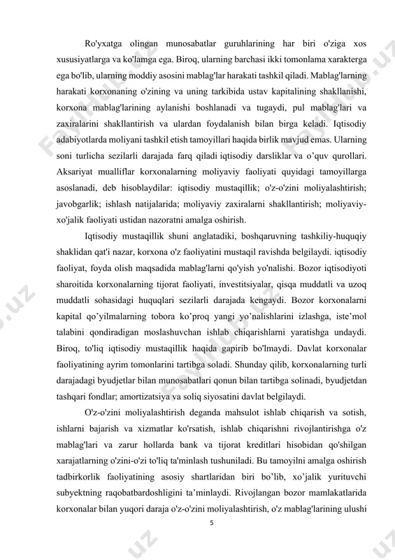 investitsiyalar, qisqa muddatli va uzoq muddatli sohasidagi huquqlari sezilarli darajada kengaydi. bozor korxonalarni kapital qo’yilmalarning tobora ko’proq yangi yo’nalishlarini izlashga, iste’mol talabini qondiradigan moslashuvchan ishlab chiqarishlarni yaratishga undaydi. biroq, to'liq iqtisodiy mustaqillik haqida gapirib bo'lmaydi. davlat korxonalar faoliyatining ayrim tomonlarini tartibga soladi. shunday qilib, korxonalarning turli darajadagi byudjetlar bilan munosabatlari qonun bilan tartibga solinadi, byudjetdan tashqari fondlar; amortizatsiya va soliq siyosatini davlat belgilaydi. o'z-o'zini moliyalashtirish deganda mahsulot ishlab chiqarish va sotish, ishlarni bajarish va xizmatlar ko'rsatish, ishlab chiqarishni rivojlantirishga o'z mablag'lari va zarur hollarda bank va tijorat kreditlari hisobidan qo'shilgan xarajatlarning o'zini-o'zi to'liq ta'minlash tushuniladi. bu tamoyilni amalga oshirish tadbirkorlik faoliyatining asosiy shartlaridan biri bo’lib, xo’jalik yurituvchi subyektning raqobatbardoshligini ta’minlaydi. rivojlangan bozor mamlakatlarida korxonalar bilan yuqori daraja o'z-o'zini moliyalashtirish, o'z mablag'larining ulushi 70% dan oshadi. asosiyga o'z manbalari rossiya federatsiyasida tijorat korxonalarini moliyalashtirish foyda va amortizatsiyani o'z ichiga oladi. ammo o'z mablag'larining umumiy miqdori jiddiy ishlarni bajarish uchun etarli emas …