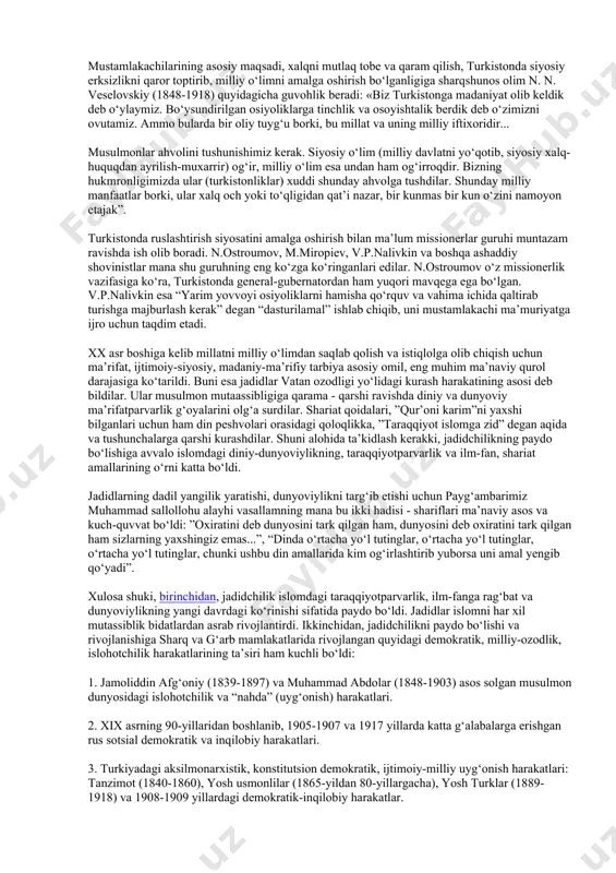 g‘ nomga muyassar bo‘lgan holda, millat va vatan, musulmon xalqlari uchun ma’naviy qalqon bo‘lib, kurash maydoniga otildilar. jadidlar millatni bo‘yin egishi va tanama-taqdir qilish havfidan qutqarishning birdan-bir to‘g‘ri yo‘li avval tarbiya va ma’rifat, so‘ng islohot ekanligini juda to‘g‘ri anglab yetdilar. shuning uchun ham jadidlar millat va xalqni g‘alayon va qo‘zg‘olonga, inqilobiy buzg‘unchilik kabi yovvoyilikka da’vat etmadi. aksincha, ularni diniy-dunyoviy ma’rifat, ilm-fan, madaniyat va yangiliklar bilan qurollantirib tarbiyalash, o‘zligini anglatish, ijtimoiy-ma’anviy g‘aflat uyqusidan uyg‘otib, turmush tarzi, tafakkuri, ma’naviyati, madaniyati, adabiyoti va maorifini o‘zgartirishga bel bog‘ladilar. abdulla avloniyning ushbu hikmati jadidlar uchun asosiy e’tiqod va amaliy faoliyat dasturi bo‘lib qoldi: «tarbiya bizlar uchun yo hayot – yo najot, yo halokat – yo saodat, yo falokat masalasidir». darhaqiqat, bu paytda millatni halokat va falokatdan asrab, saodatga olib chiquvchi jadidlar tarbiyasi bilan millatni ma’nan tobe qilib, halokat va falokatga duchor etuvchi mustamlakachilar «tarbiya»si qarama-qarshiligi paydo bo‘lgan edi. jadidchilik harakati ba’zi-bir tarixga oid adabiyotlarda aytilganidek, …