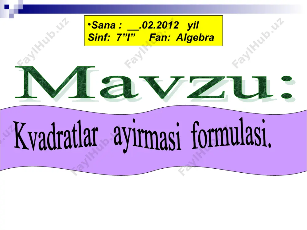 r gal birlashib yashasang gar, oila misoli gavhar. yangi mavzu bayoni a2-b2=(a-b)(a-b) ikki son kvadratlarining ayirmasi. ikki son ayirmasi bilan yig’indisining ko’paytmasiga teng. 1-misol: 52-x2=(5-x)(5+x); 2-misol: 49-4x2= 72-(2x)2=(7-2x)(7+2x); 3-misol: (-6-x)(6-x)=-(6+x)(6-x)=-(36-x2)=-36+x2=x2-36; 4-misol: (2x-3y)(2x+3y)=(2x2)-(3y2)=4x2-9y2; 5-misol: 100-c2=(10-c)(10+c); 6-misol: (a+b)2-(a-c)2=(a+b-a+c)(a+b+a-c)=(b+c(2a+b-c). iii. mavzuni mustahkamlash uchun quyidagi a-3 formatda yozilgan misollar berildi: 36-x2=(6-x)(6+x); 81-y4=(9-y2)(9+y2) (7y-c)(7y+c)=49y2-c2 (10+2y)(10-2y)=100-4y2 386-misol. 1) (c-3)(c+3)=c2-9 3) (10-y)(10+y)=100-y2 5) (-a-b)(a-b)=-(a-b)=-(a+b)(a-b)=-(a2-b2)=b2-a2 mustahkamlash. 387-misol. iv. 1) 82-4x2=82-(2x)2=(8-2x)(8+2x) 3) 25-t2=(5-t)(5+t) 5) 9-0,01x2=(3-0,1x)(3+0,1x). shundan so’ng quyidagi ko’rinishdagi qonuniyatni aniqlovchi a-3 formatda misol berildi: 152=225 252=625 352=1225 452=2025 552=3025 652= 4225… bundagi qonuniyat 5 raqam bilan tugaganligi oxirgi ikki raqami 25 bo’ladi, oldingi raqamlar masalan, 225 dagi 2, 1*2 ko’paytirishdan hosil bo’ladi 2 o’quvchiga tezkor savollar berildi; 4 o’quvchiga tarqatmalar berildi va o’quvchilar baholandi. baholash: o’quvchilar “4’ va “5” baholar bilan baholandi. uyga vazifa: 386-387 misollarning juft nomerlari. vi. v. o’zbekiston respublikasi xalq ta’limi vazirligi navoiy shahar 8 –umumiy o’rta ta’lim maktabi matematika fani o’qituvchisi ostonova zebinisoning 7-“i” …
