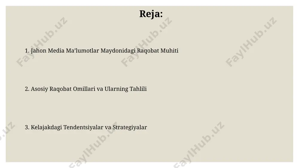 y telekanallar bilan bo'lgan raqobati, reytinglarga ko'ra, taxminan 60/40 nisbatini tashkil etadi, bu esa davlat sektorining kuchli mavqeini ko'rsatadi. markaziy osiyo davlatlarida, jumladan, o'zbekistonda, davlat va xususiy media raqobatida 5 dan ortiq yirik xususiy media guruhlarining mavjudligi, shu bilan birga, davlatning keng tarmoqli infrastruktura nazorati kuchli ta'sir ko'rsatadi. milliy va xalqaro media raqobati jahon media maydonida 2023 yilda o'zbekistonning milliy media tashkilotlari raqobatbardoshligini oshirish uchun 50 dan ortiq loyiha amalga oshirilgan bo'lib, ularning 30 foizi yevropa ittifoqi grantlari hisobidan moliyalashtirilgan. markaziy osiyo mamlakatlari orasida o'zbekistonning milliy media bozorining hajmi 2024 yilda taxminan 150 million aqsh dollariga yetishi va raqobat darajasining sezilarli darajada o'sishi kutilmoqda. yangiliklar agregatorlarining rol янгиликлар агрегаторларининг мобиль иловаларининг 30% дан ортиқ юкланиши самарқанд ва бухоро каби вилоятлардан амалга оширилиши, бу платформаларнинг географик қамровини кенг кўрсатади. янгиликлар агрегаторлари, масалан, "daryo" ва "kun.uz" каби сайтлар, ўзбекистондаги 500 дан ортиқ манбадан маълумот йиғиб, фойдаланувчиларга 24/7 янгиликлар тақдим этади, бу рақобатни …
