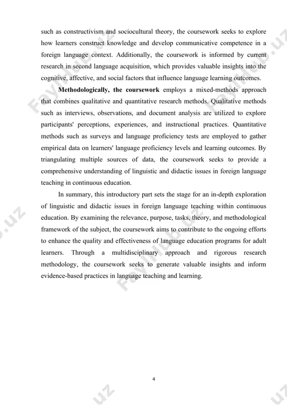 ata on learners' language proficiency levels and learning outcomes. by triangulating multiple sources of data, the coursework seeks to provide a comprehensive understanding of linguistic and didactic issues in foreign language teaching in continuous education. in summary, this introductory part sets the stage for an in-depth exploration of linguistic and didactic issues in foreign language teaching within continuous education. by examining the relevance, purpose, tasks, theory, and methodological framework of the subject, the coursework aims to contribute to the ongoing efforts to enhance the quality and effectiveness of language education programs for adult learners. through a multidisciplinary approach and rigorous research methodology, the coursework seeks to generate valuable insights and inform evidence-based practices in language teaching and learning. chapter i. integrating linguistic and didactic approaches in foreign language instruction 1.1. overview of didactic principles in language education. this topic's relevance lies in its profound impact on language teaching methodologies, curriculum …