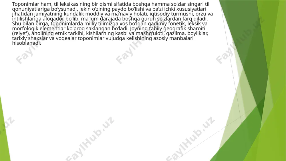yuk ipak yo‘ li ehorrahasida joylashganligi ilk davrlardan boshlab zardo'zlik. zargarlik. misgarlik. tem irchilik, kulolchilik kabi hunarmandchilik turlarini paydo bo'lishi va rivojlanishiga sabab bo'lgan viloyat toponimiyasida qadimgi murakkab tarixiy jarayonlar hamda hududda yashagan turli xalqlarning tarixiy-madaniv va siyosiy-iqtisodiy hayoti o'z aksini topgan. buxoro viloyati oykonim larini maxsus o'rgangan s.naimovning yozishicha, mintaqa toponimlarining hozirgacha aniqlangan eng quyi qatlami qadimiy so'g'diy, forsiy va turkiy tillarga tegishli, viloyat toponimiyasi tarkibida o'sim lik va hayvonlar turi nomi bilan atalgan geogralik obyektlar kam bo'lsa ham uchraydi. masalan, jigdaqandim tepaligi - cho'lda o'sadigan baland bo'yli qandim butasining jiydaga o'xshab ketadigan bir turi, tavois - arablar bu yerda ko'p tovuslarni ko'rib qishloqni shunday nomlashgan deyishadi, mohonko'l - aslida k o 'li mohiyon (tojikeha, mohi - "baliq". on - ko 'plik qo'shinichasi), ya’ ni baliqlari ko'p ko'l. o'zbekiston viloyatlari toponimiyasi orasida qashqadaryo joy nomlari nisbatan mukammal o'rganilgan. bu ishda qashqadaryolik taniqli nomshunos olim to'ra nafasovning xizmatlari bcqiyos. olim …