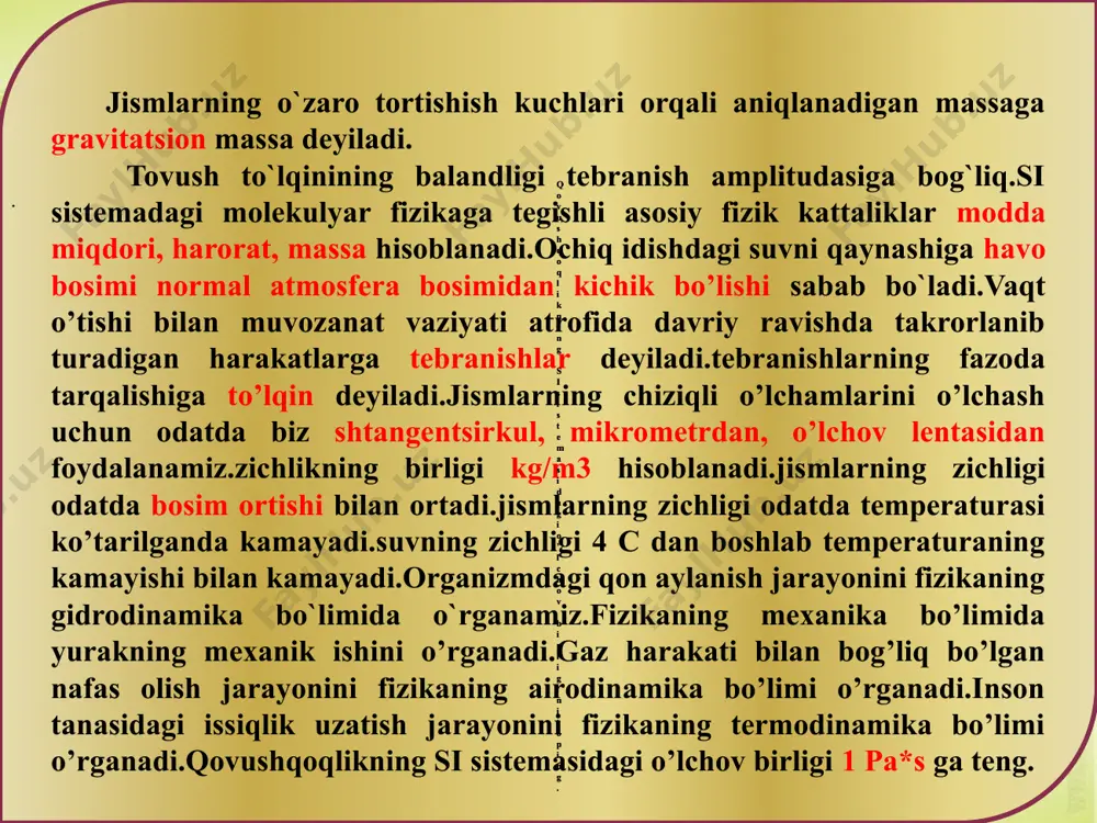 istemadagi molekulyar fizikaga tegishli asosiy fizik kattaliklar modda miqdori, harorat, massa hisoblanadi.ochiq idishdagi suvni qaynashiga havo bosimi normal atmosfera bosimidan kichik bo’lishi sabab bo`ladi.vaqt o’tishi bilan muvozanat vaziyati atrofida davriy ravishda takrorlanib turadigan harakatlarga tebranishlar deyiladi.tebranishlarning fazoda tarqalishiga to’lqin deyiladi.jismlarning chiziqli o’lchamlarini o’lchash uchun odatda biz shtangentsirkul, mikrometrdan, o’lchov lentasidan foydalanamiz.zichlikning birligi kg/m3 hisoblanadi.jismlarning zichligi odatda bosim ortishi bilan ortadi.jismlarning zichligi odatda temperaturasi ko’tarilganda kamayadi.suvning zichligi 4 c dan boshlab temperaturaning kamayishi bilan kamayadi.organizmdagi qon aylanish jarayonini fizikaning gidrodinamika bo`limida o`rganamiz.fizikaning mexanika bo’limida yurakning mexanik ishini o’rganadi.gaz harakati bilan bog’liq bo’lgan nafas olish jarayonini fizikaning airodinamika bo’limi o’rganadi.inson tanasidagi issiqlik uzatish jarayonini fizikaning termodinamika bo’limi o’rganadi.qovushqoqlikning si sistemasidagi o’lchov birligi 1 pa*s ga teng. . qovushqoqlikning si sistemasidagi o’lchov birligini toping. qovushqoqlikning si sistemasidagi o’lchov birligini toping. biofizikaning predmeti organizmdagi fizikaviy va fizik-kimyoviy jarayonlar bo‘lganligi sababli biofizikaviy tadiqotlarda asosan fizikaviy va fizik-kimyoviy usullar qo‘llanilib, ular biofizikaviy tadqiqotlar uchun moslashtiriladi.biofizika biologiya …
