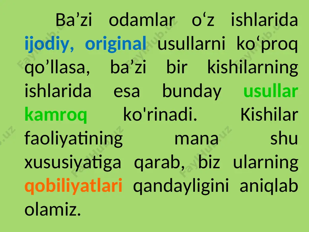 gan darajada mehnatsevar va mehnat qobiliyatiga ega bo'ladilar. bunday kishilar faoliyatining serunum bo'lishi ulardagi butun bilish qobiliyatlarini, ijodiy, emotsional va iroda kuchlarini ma’lum narsaga to'play bilish qobiliyatlariga bog'liqdir. talantli va genial kishilarning juda ko'pi har tomonlama qobiliyatli bo'lganlar. chunonchi, aristotel, leonardo da vinchi, lomonosovlar, abu ali ibn sino, mirzo uiug'bek, al-forobiy, navoiy, qori niyoziy, usmon nosir va boshqalar mana shunday bo'lganlar. tarixda bunday kishilarni ko'plab uchratish mumkin. ular ulug' tashkiiotchi va jamoat arbobi bo'lganlar. 3. qobiliyat va iste’dodning o’sishi. har bir odamning qobiliyat va iste’dodi taraqqiyot mahsulidir. insonning qobiliyati uning tug‘ma layoqati asosida, muhitga bog'liq ravishda olayotgan ta’lim-tarbiyasiga qarab, shuningdek, kishining o‘z ustida ishlashi bilan bog'liq holda o‘sib, kamol topib boradi. inson o‘z mohiyati bilan ijtimoiy tabiiy zotdir. shuning uchun ham unga xos bo'lgan barcha ruhiy holat va jarayonlar tabiiy kuchga, hayotiy kuchga egadir. bu tabiiy kuchlar har bir insonga ota-onadan bevosita o'tadi va ular instinktlar, tug'ma layoqatlar tariqasida ijtimoiy …