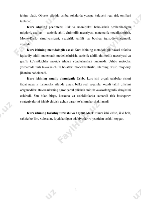 bo‘lgan vaziyatlarda ehtimolliklar faqat taxminiy baholanadi yoki umuman aniqlanmaydi. shuning uchun ham bu holatdagi qarorlar ko‘proq tajriba, taxmin, sezgi va ehtiyotkorlik asosida qabul qilinadi. risk va noaniqlik tushunchalarining iqtisodiyotdagi farqlari ilk bor mashhur iqtisodchi frenk nayt tomonidan chuqur tahlil qilingan. u riskni ehtimollari aniqlanadigan, ya'ni hisoblash mumkin bo‘lgan holat deb, noaniqlikni esa ehtimollari noma’lum, o‘lchab bo‘lmaydigan holat deb ta’riflagan. bu farq nazariy jihatdan muhim bo‘lsa-da, amaliyotda har ikki holat ko‘pincha bir-biriga yaqin holda mavjud bo‘ladi va iqtisodiy faoliyatda aralash tarzda uchraydi. risk iqtisodiy qarorlar qabul qilishda juda muhim rol o‘ynaydi, chunki riskni baholash orqali foyda olish yoki zarar ko‘rish ehtimolini oldindan hisoblash mumkin bo‘ladi. risk darajasi yuqori bo‘lgan loyihalar, odatda, katta foyda olib kelishi mumkin, lekin ayni paytda katta yo‘qotish xavfini ham o‘z ichiga oladi. shu bois, riskni boshqarish tizimi zamonaviy iqtisodiyotda keng qo‘llaniladi. bunga sug‘urta tizimi, diversifikatsiya, xavfni minimallashtirish strategiyalari, zaxira fondlar tashkil etish kabi choralar kiradi. noaniqlik esa …
