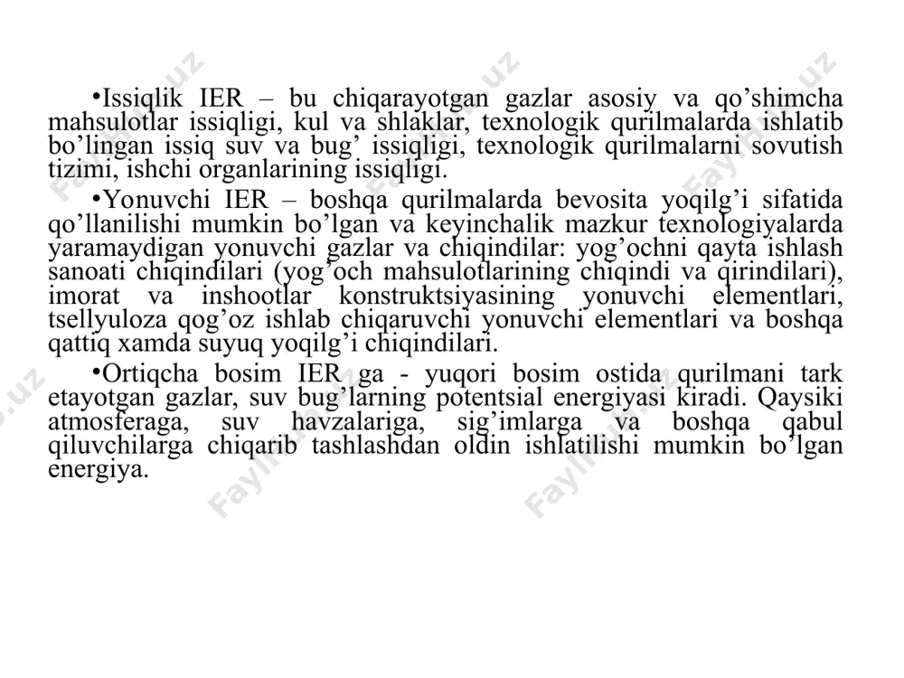 ing harorati 100 ° c dan oshmaydi. yopiq tizimlarda ham kondensat liniyalarida baklarga bosim ostida yig`iladi. bunday tizimlar yanada istiqbolli. yopiq tizimlarning kondensat liniyalarida bosimning pasayishi yoki bosimning chiqarilishi suyuqlikning bir qismini bug'lanishiga olib keladigan to'yinganlik haroratining pasayishiga olib keladi. uchib ketadigan bug' bilan birgalikda bu bug'ni ishlab chiqarishda qayta ishlatish mumkin. 1-rasmda yopiq kondensat yig'ish sxemasining elementi ko'rsatilgan. turli xil iste'molchi juft mashinalarning ishlash rejimi o'z vaqtida notekis bo'lishi mumkinligi sababli, bu juftlikning uskunaning notekis ishlatilishiga ham ta'sir qilishi mumkin. shu munosabat bilan, bug 'har xil, ammo yaqin parametrlarda ishlaydi. 1-rasm. yopiq tizimda kondensat issiqlikni qayta ishlash cxemasi 2-rasm. barabanli qozonining sxemasi (a) va umumiy ko'rinishi (b): 1 - baraban; 2 - nasos; 3 - bug'lanish yuzasi; 4 - ekonomayzer ancha vaqtdan buyon (taxminan о‘tgan asrning 50-chi yillarida) ies da elektr generatorni yurgizish uchun gazli turbinalar qо‘llanila boshlandi. bunda asosan yoqilg‘i о‘zgarmas bosimda yondiriluvchi gazli turbinalar qо‘llanila boshlandi (brayton …