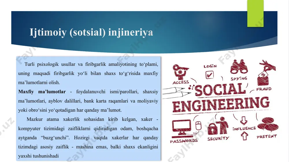 rporativ va shaxsiy pochta tizimlaridan o‘nlab, hatto yuzlab elektron pochta xabarlarini qabul qilishadi. har bir habarni harfigacha e’tibor berishning imkoni yo‘q. bu esa hujumlarni amalga oshirishni sezilarli darajada osonlashtiradi. elektron pochta tizimlarining ko‘plab foydalanuvchilari bunday holni bir papkadan ikkinchisiga qog‘ozlarni o‘tkazishning elektron analogi sifatida qabul qilishadi va xabarlarni qabul qilishda xotirjam bo‘lishadi. tajovuzkor pochta orqali oddiy so‘rov yuborganida, uning qurboni ko‘pincha uning xatti-harakatlari haqida o‘ylamasdan ular so‘ragan ishni bajaradi. elektron pochta bilan bog‘liq tahdidlar. xavfsizlik choralarining aksariyati ruxsatsiz foydalanuvchilarning korporativ resurslardan foydalanishini oldini olish uchun ishlab chiqilgan. buzg‘unchi tomonidan yuborilgan giperhavolaga murojaat orqali foydalanuvchining zararli dasturni korporativ tarmoqqa yuklashi ko‘plab himoya turlarini chetlab o‘tishga imkon beradi. giperhavola, shuningdek, ma’lumot yoki yordamni talab qiladigan qalqib chiquvchi ilovalar bilan turli xostlarga murojaatni talab qilishi mumkin. firibgarlikni va zararli hujumlarni oldini olishning eng samarali usuli - kutilmagan foydalanuvchining elektron xabarlarini tekshirish zarur tezkor xabarlardan foydalanishga asoslangan tahdidlar. tezkor xabarlar xizmatidan foydalanishga asoslangan hujumlarning …