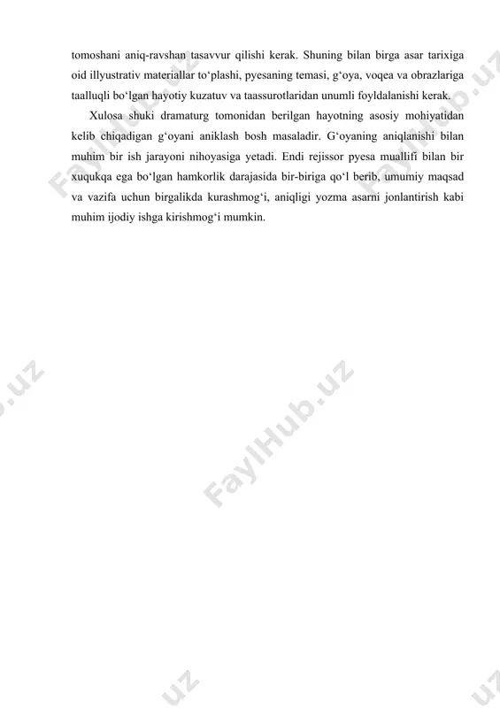 ing xulq-atvorlarini, qonunlarni, didlarini, xarakter va odatlarini, dunyoqarash va madaniyatlarini, ular nimani iste’mol qilishgan va qanday kiyinishgan, ularning yurish- turishlari qanday, yashash uchun joy qurish va jixozlari va boshqa yashash uchun kerak bo‘ladigan narsalar o‘rganilishi talab qilinadi. vaxtangov aytganidek-aktyor obraz hayotiga tegishli narsalarni xuddi onasini bilgandek yaxshi bilishi kerak. rejissor ham saxnada gavdalantirmoqchi bo‘lgan tomoshani aniq-ravshan tasavvur qilishi kerak. shuning bilan birga asar tarixiga oid illyustrativ materiallar to‘plashi, pyesaning temasi, g‘oya, voqea va obrazlariga taalluqli bo‘lgan hayotiy kuzatuv va taassurotlaridan unumli foyldalanishi kerak. xulosa shuki dramaturg tomonidan berilgan hayotning asosiy mohiyatidan kelib chiqadigan g‘oyani aniklash bosh masaladir. g‘oyaning aniqlanishi bilan muhim bir ish jarayoni nihoyasiga yetadi. endi rejissor pyesa muallifi bilan bir xuqukqa ega bo‘lgan hamkorlik darajasida bir-biriga qo‘l berib, umumiy maqsad va vazifa uchun birgalikda kurashmog‘i, aniqligi yozma asarni jonlantirish kabi muhim ijodiy ishga kirishmog‘i mumkin. adabiyotlar: arastu. poetika. axloqi kabr – t.: yangi asr avlodi, 2011. k.s. stanislavskiy …