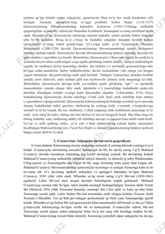 di. 2.qoraxoniylar davlati tarixi geografiyasi. qoraxoniylar davlati yoki qisqacha qoraxoniylar — 840-1212 yillar oraligʻida oʻrta osiyo va movaraunnahrda hukmronlik qilgan turk sulolasi. bu markaziy osiyoda barpo etilgan birinchi islom sulolasidi davlat nomi ikki turkiy soʻzdan iborat: kara va xan. „kara“ turkchada qora va zodagonlikni bildiradi, „xon“, toʻgʻrirogʻi xoqon esa tanhu, jabgʻu, yabgʻu, ilbey kabi hukmdorlarga beriladigan turkcha unvondir. qoraxoniylar davlatining saltanat darajasidagi rivoji va taraqqiyoti 10-asrning 2-yarmiga toʻgʻri keladi. abdulkarim sotuq bugʻroxon hokimiyatni egallab, oʻzini „qoraxon“ deb eʼlon qiladi. bugʻroxondan keyingi barcha xonlar ham ushbu unvon bilan ulugʻlangan. qoraxoniylarning yirik vakillari: abdulkarim sotuq bugʻroxon (859 — 955), muso ibn abdulkarim (955—970), hasan ibn sulaymon (977—992), ahmad ibn ali arslonxon (998—1017; hokimiyat amalda ukasi nasr ibn ali qoʻlida boʻlgan, u movarounnahrni bosib olgan), mansur ibn ali (1017—26), ibrohim ibn nasr tamgʻachxon (1040—70), ars-lonxon muhammad ibn sulaymon (1102—30). 1130-yildan saljuqiylarga, 1140-yillar boshida qoraxitoylarga qaram boʻlgan. q.ning soʻnggi vakili usmon ibn ibrohim 1212-yil …