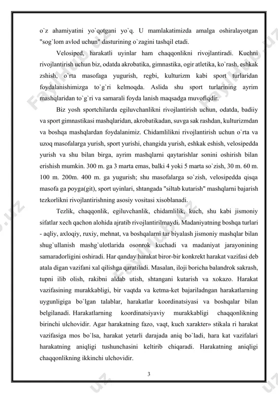, kuch, shu kabi jismoniy sifatlar xech qachon alohida ajratib rivojlantirilmaydi. madaniyatning boshqa turlari - aqliy, axloqiy, ruxiy, mehnat, va boshqalarni tar biyalash jismoniy mashqlar bilan shug`ullanish mashg`ulotlarida osonrok kuchadi va madaniyat jarayonining samaradorligini oshiradi. har qanday harakat biror-bir konkrekt harakat vazifasi deb atala digan vazifani xal qilishga qaratiladi. masalan, iloji boricha balandrok sakrash, tupni ilib olish, rakibni aldab utish, shtangani kutarish va xokazo. harakat vazifasining murakkabligi, bir vaqtda va ketma-ket bajariladngan harakatlarning uygunligiga bo`lgan talablar, harakatlar koordinatsiyasi va boshqalar bilan belgilanadi. harakatlarning koordinatsiyaviy murakkabligi chaqqonlikning birinchi ulchovidir. agar harakatning fazo, vaqt, kuch xarakter» stikala ri harakat vazifasiga mos bo`lsa, harakat yetarli darajada aniq bo`ladi, hara kat vazifalari harakatning aniqligi tushunchasini keltirib chiqaradi. harakatning aniqligi chaqqonlikning ikkinchi ulchovidir. kurs ishining maqsadi: umumta’lim maktablarida tezkorlik sifati va uni rivojlantirish metodikasi haqida tushunchalar berish va uni qo’llash. kurs ishining vazifasi: ushbu kurs ishining vazifalari deb quyida keltirlganlarni belgilab o’tdik; -chaqqonlikni rivojlantirish; -chidamliliknn …